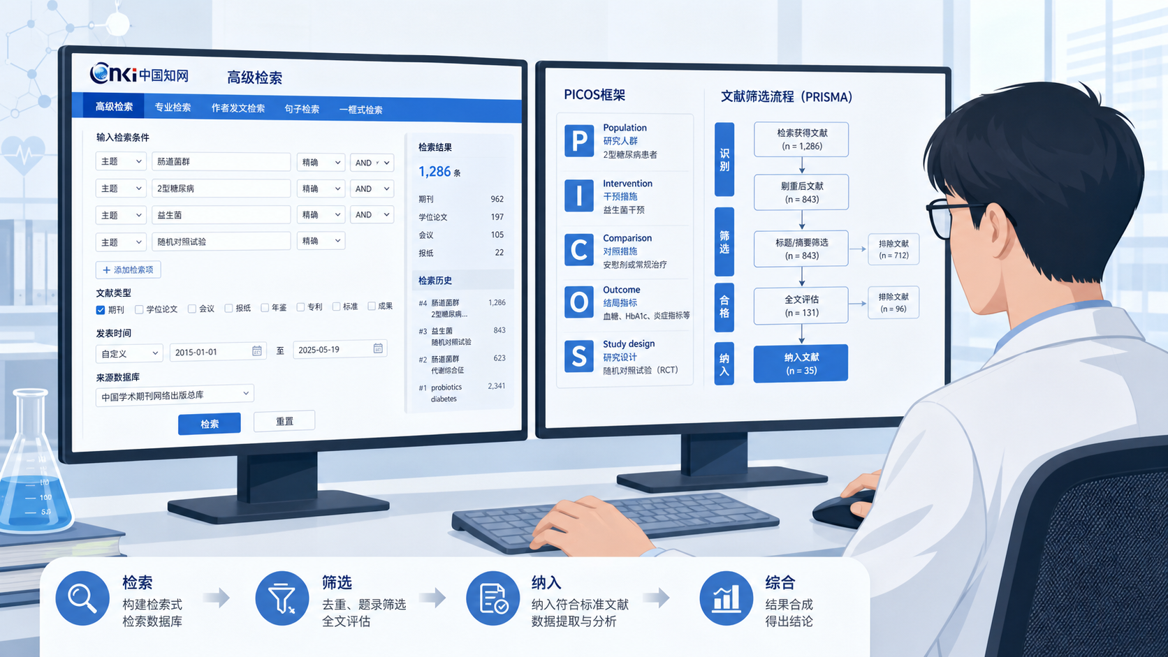 医学研究人员在电脑前检索数据库,屏幕展示CNKI高级检索界面、PICOS框架和文献筛选流程图