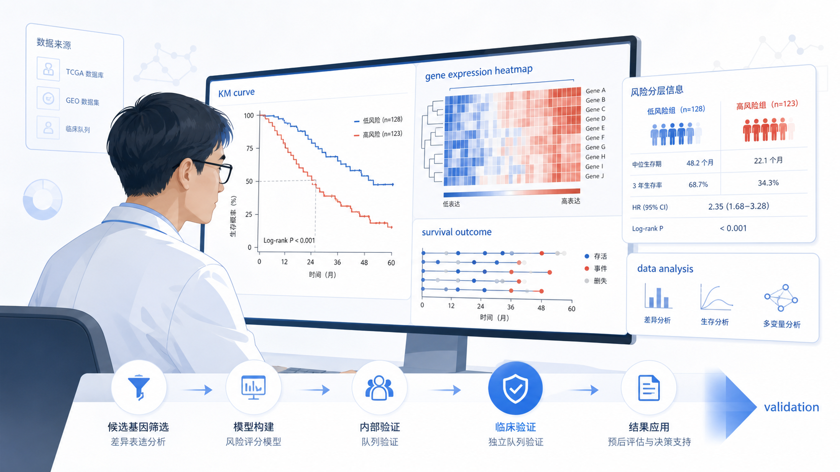 临床研究人员在电脑前查看KM曲线和基因表达热图，旁边叠加数据分析界面与生存结局时间轴，体现“从筛选到验证”的流程