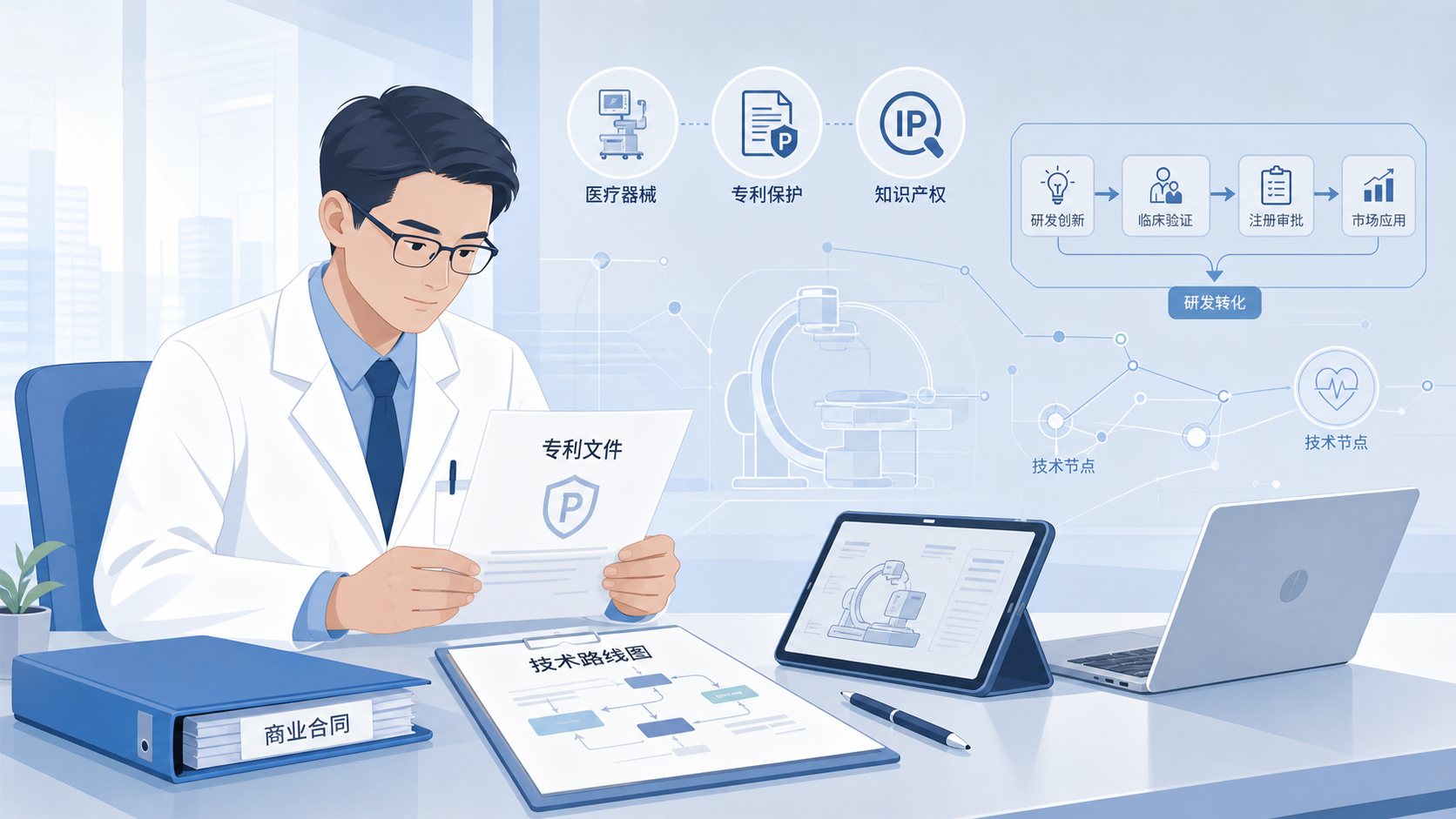 医生在会议室中查看专利文件、商业合同和技术路线图，背景有医疗器械与知识产权图标。