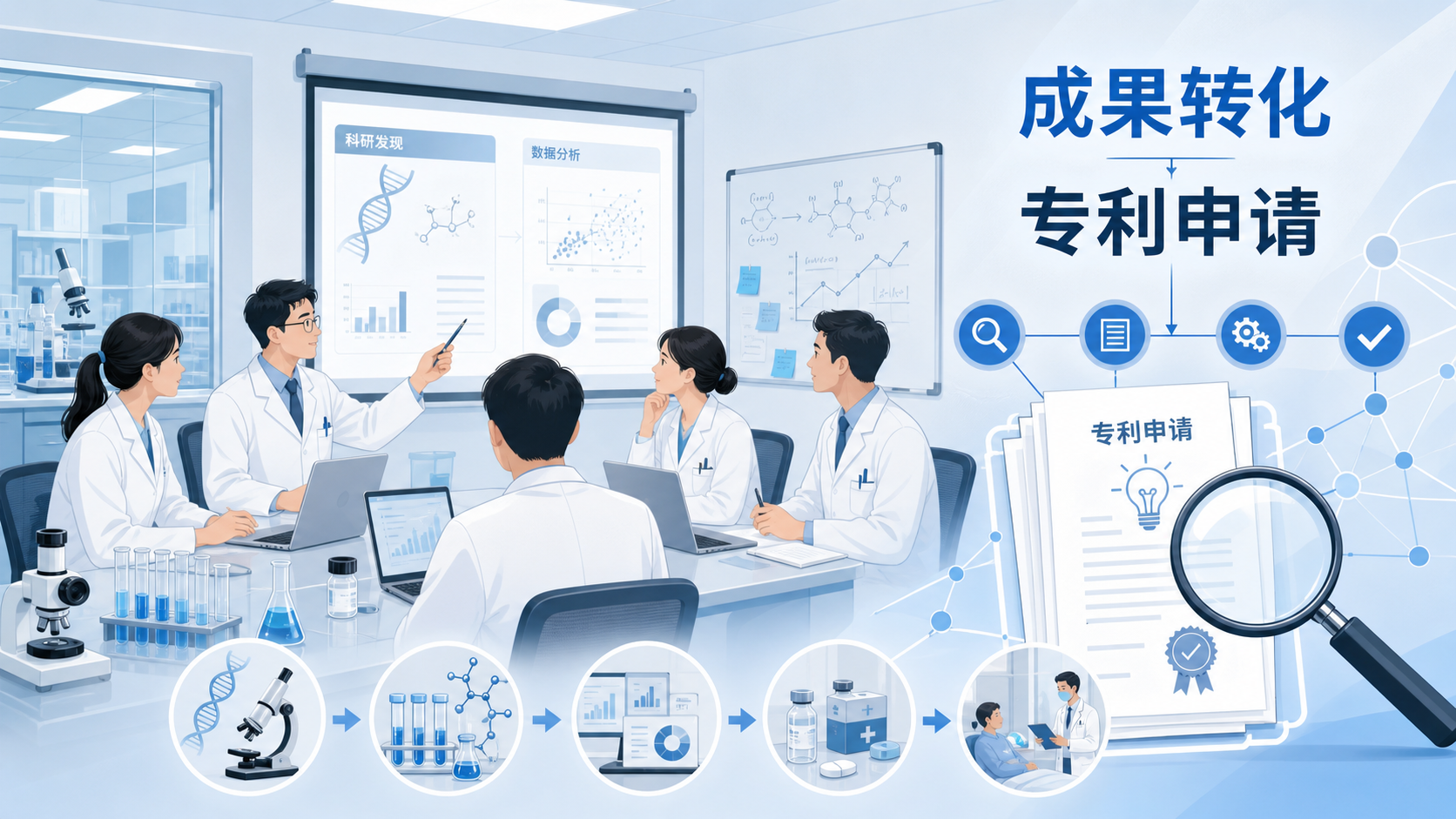 医学生、医生在实验室和会议室讨论科研成果,旁边叠加专利文件、流程图和放大镜元素,突出“成果转化与专利申请”主题