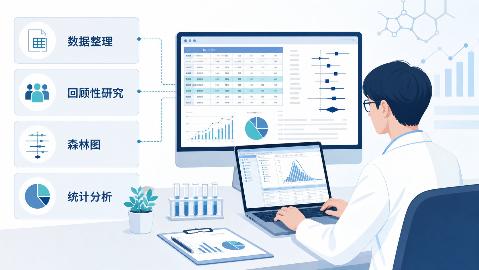 科研人员在电脑前整理回顾性研究数据，旁边显示表格、森林图和统计软件界面