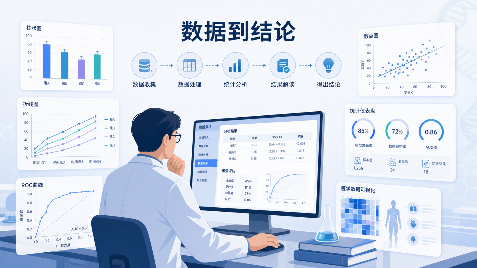 科研人员在电脑前处理医学数据,旁边展示柱状图、折线图、ROC曲线等统计图形界面,突出“数据到结论”的转化过程