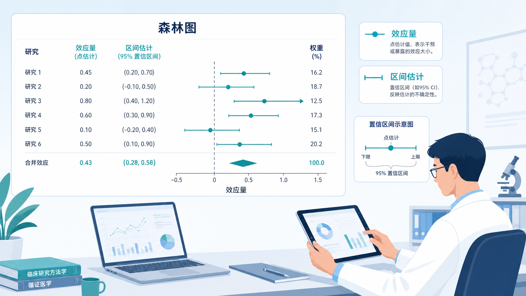 临床研究者在查看统计分析图表,旁边展示森林图和置信区间示意,突出“效应量”和“区间估计”