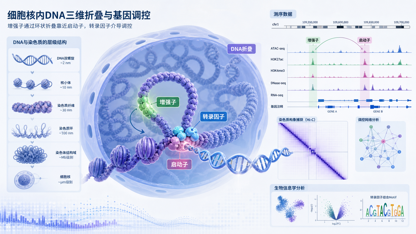 细胞核内DNA三维折叠示意图,突出增强子、启动子和转录因子结合关系,背景为测序数据与生物信息学分析流程图