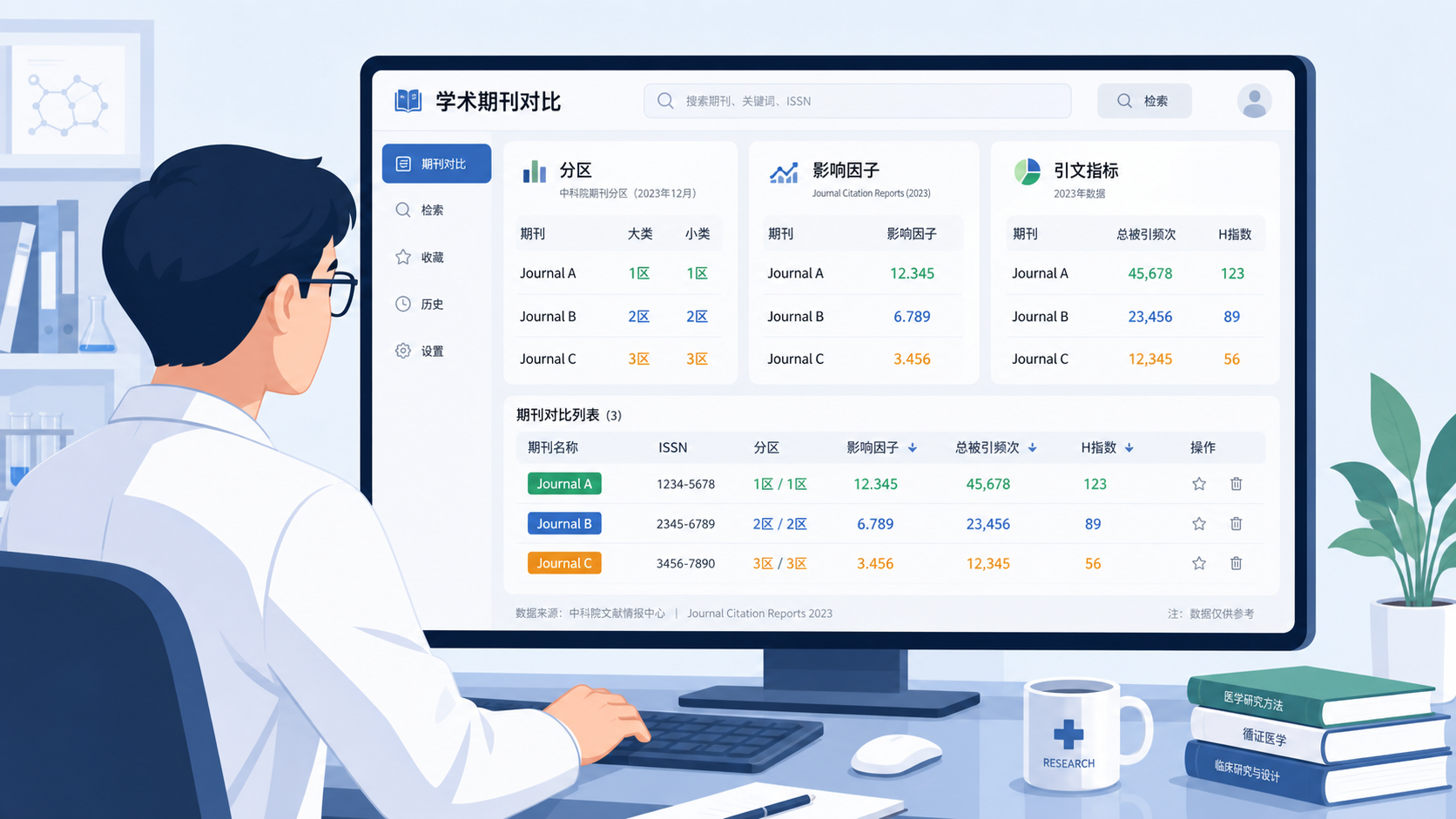 科研人员在电脑前查看期刊数据库,屏幕上同时展示分区、影响因子和引文指标的对比界面。