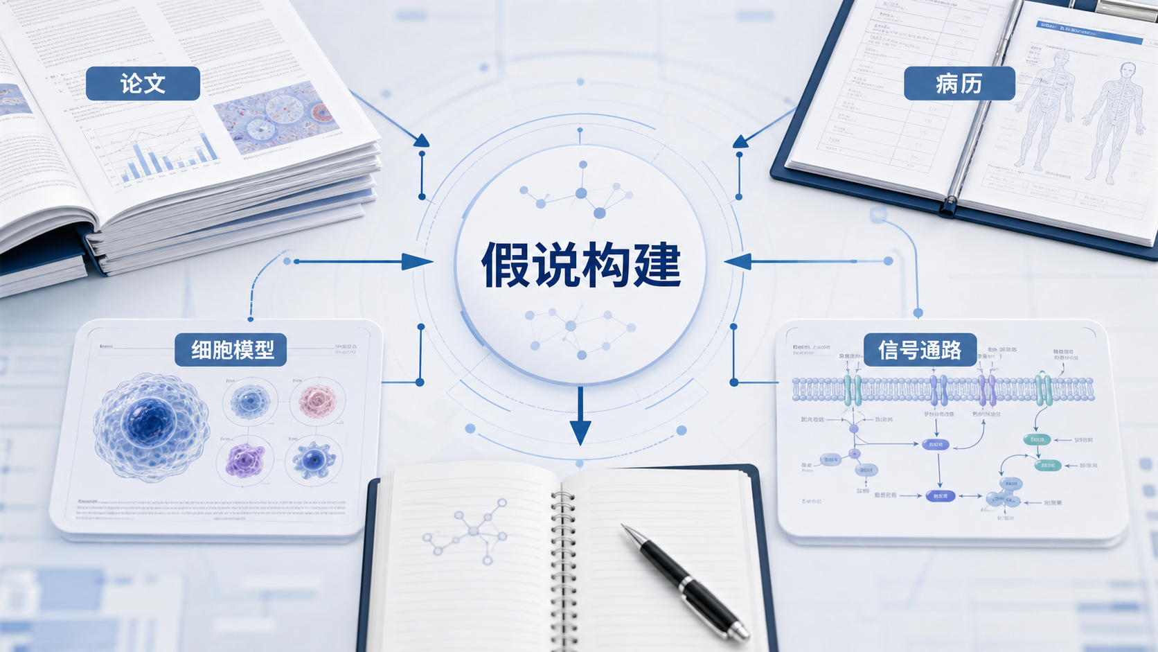 一张医学科研工作台场景图,包含论文、细胞模型示意图、信号通路图和临床病历本,突出“假说构建”主题。