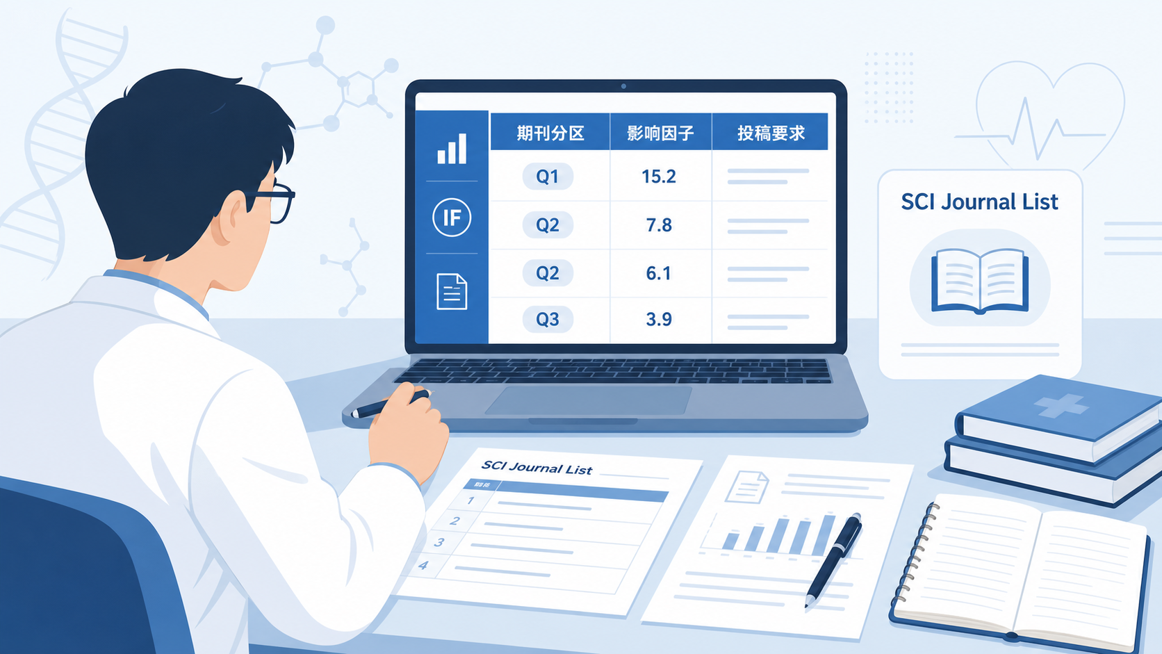 科研人员在电脑前对照期刊分区、影响因子和投稿要求筛选期刊的场景,桌面上有SCI期刊列表和文稿。
