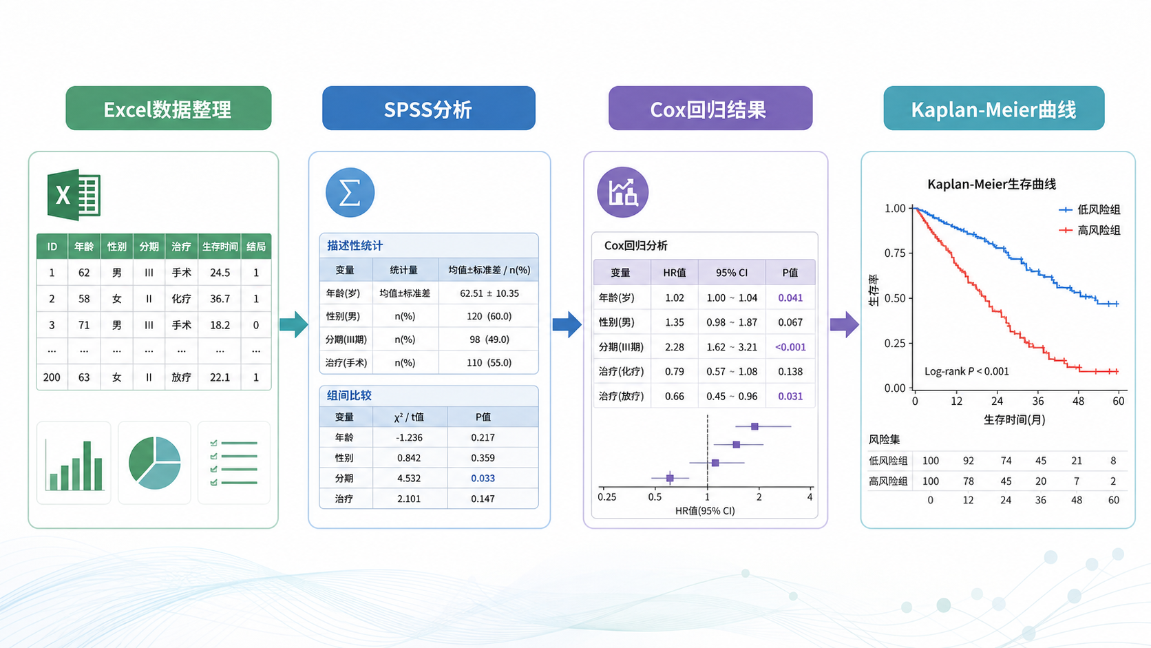 一张临床研究数据分析流程图，包含Excel数据整理、SPSS分析、Cox回归结果表和Kaplan-Meier生存曲线。