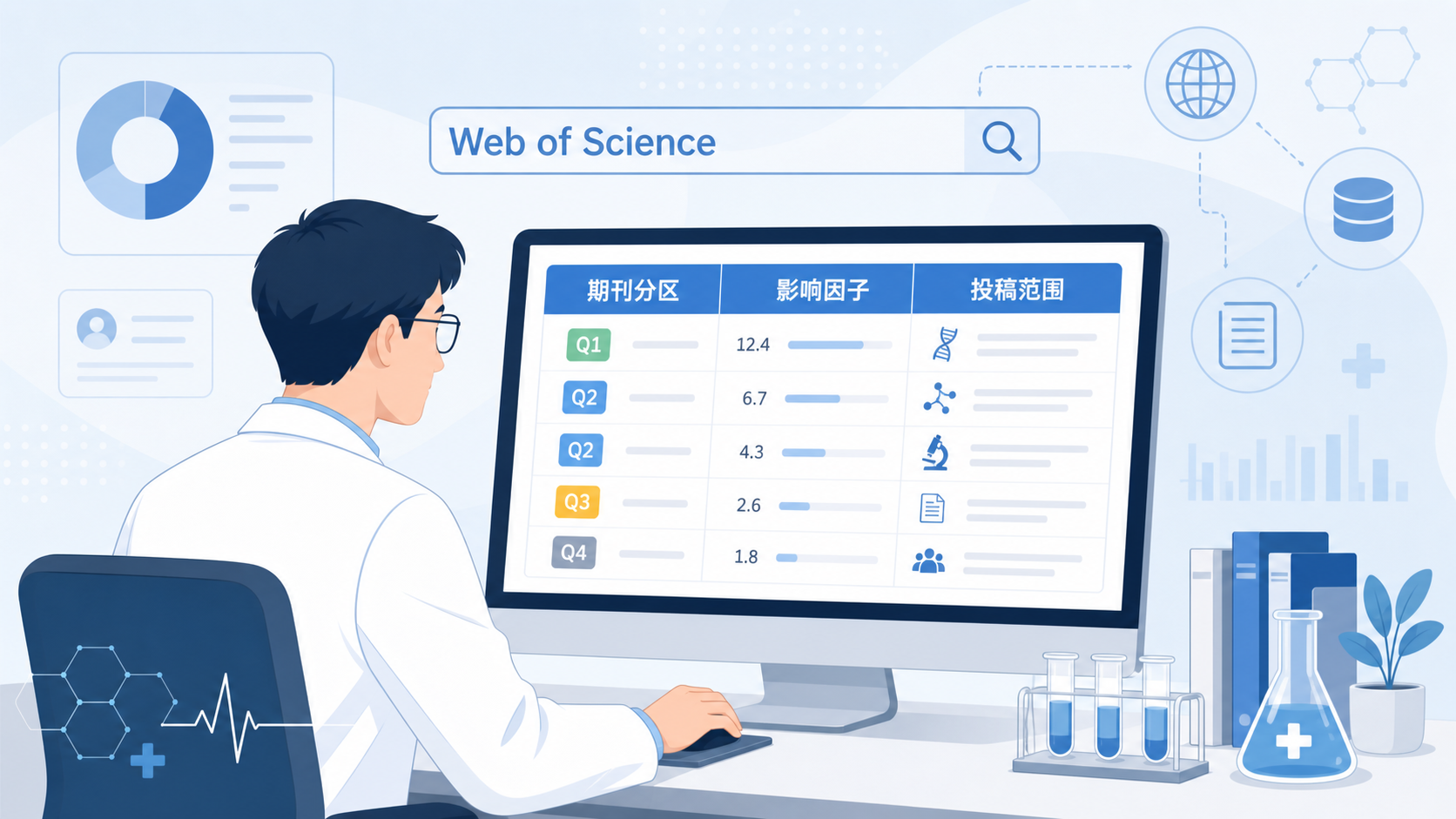 一位医学研究者在电脑前对照期刊分区、影响因子和投稿范围筛选期刊，背景包含Web of Science、JCR和PubMed检索界面。