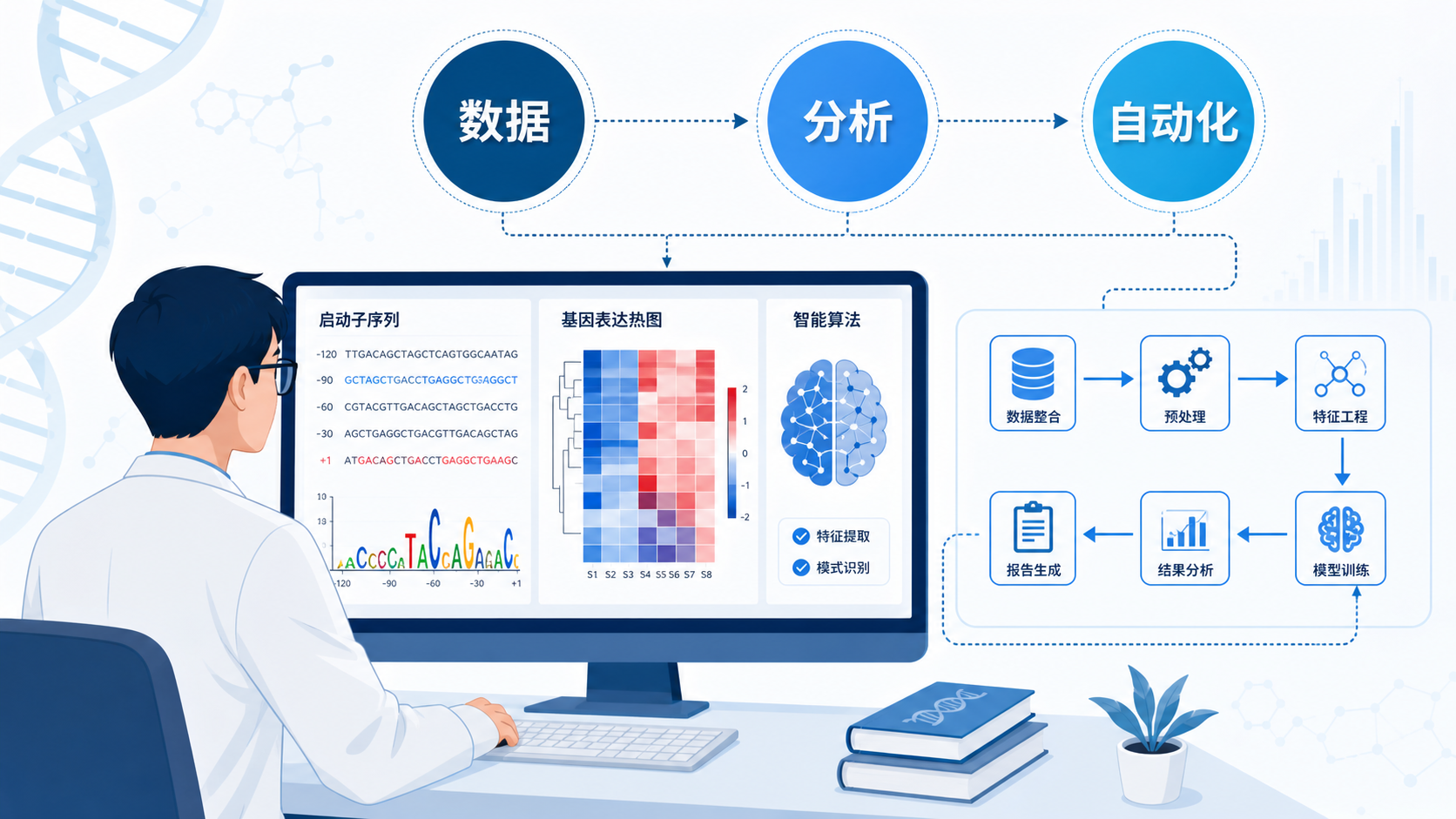 科研人员在电脑前同时查看启动子序列、组学热图和AI自动化流程图,突出“数据、分析、自动化”三个关键词