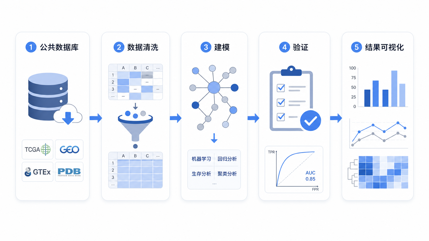 生信研究工作流示意图,包含公共数据库下载、数据清洗、建模、验证和结果可视化四个环节,风格专业、简洁。