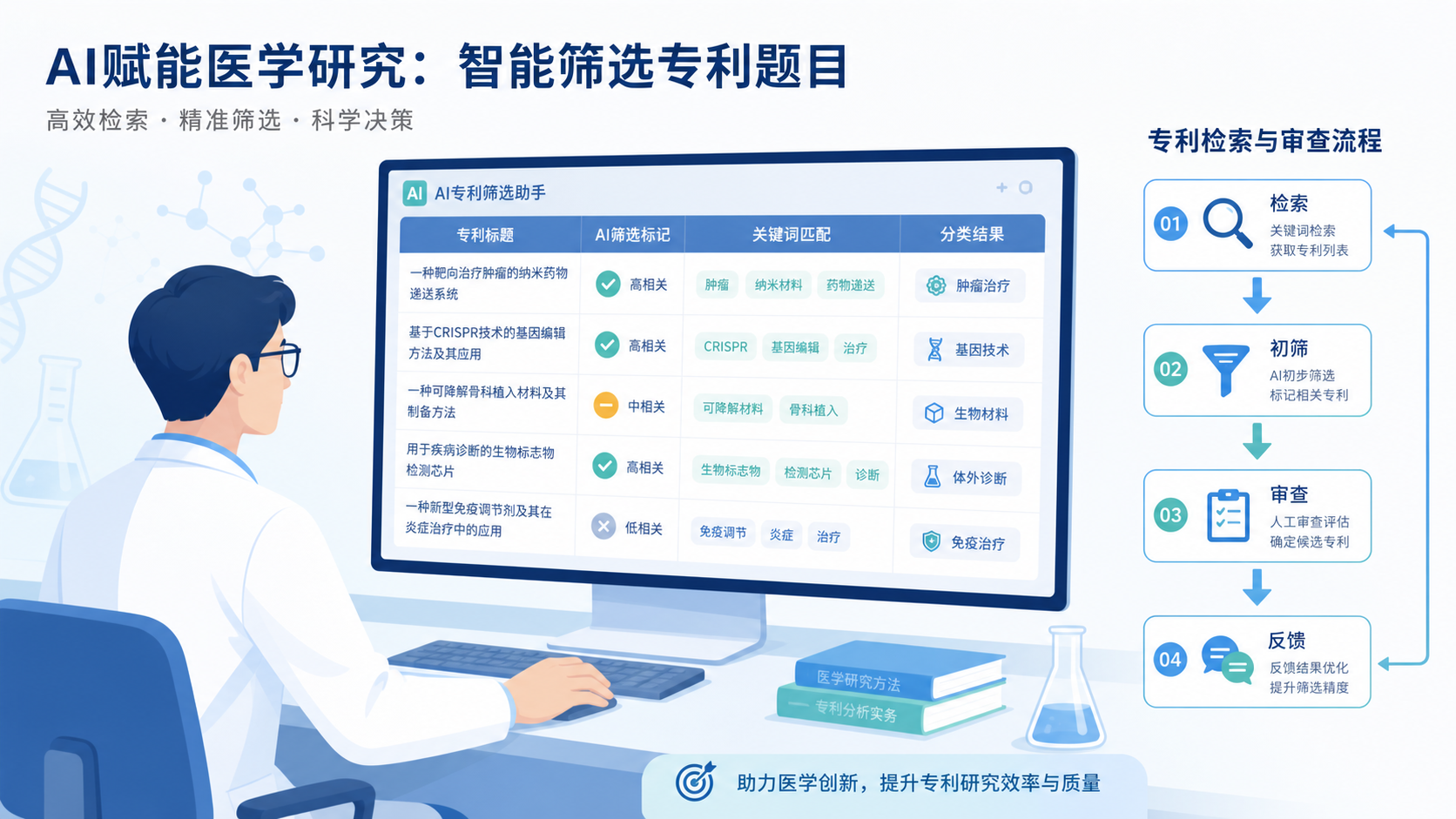 医学研究者在电脑前使用AI工具筛选专利题目，旁边有专利检索和审查流程示意图