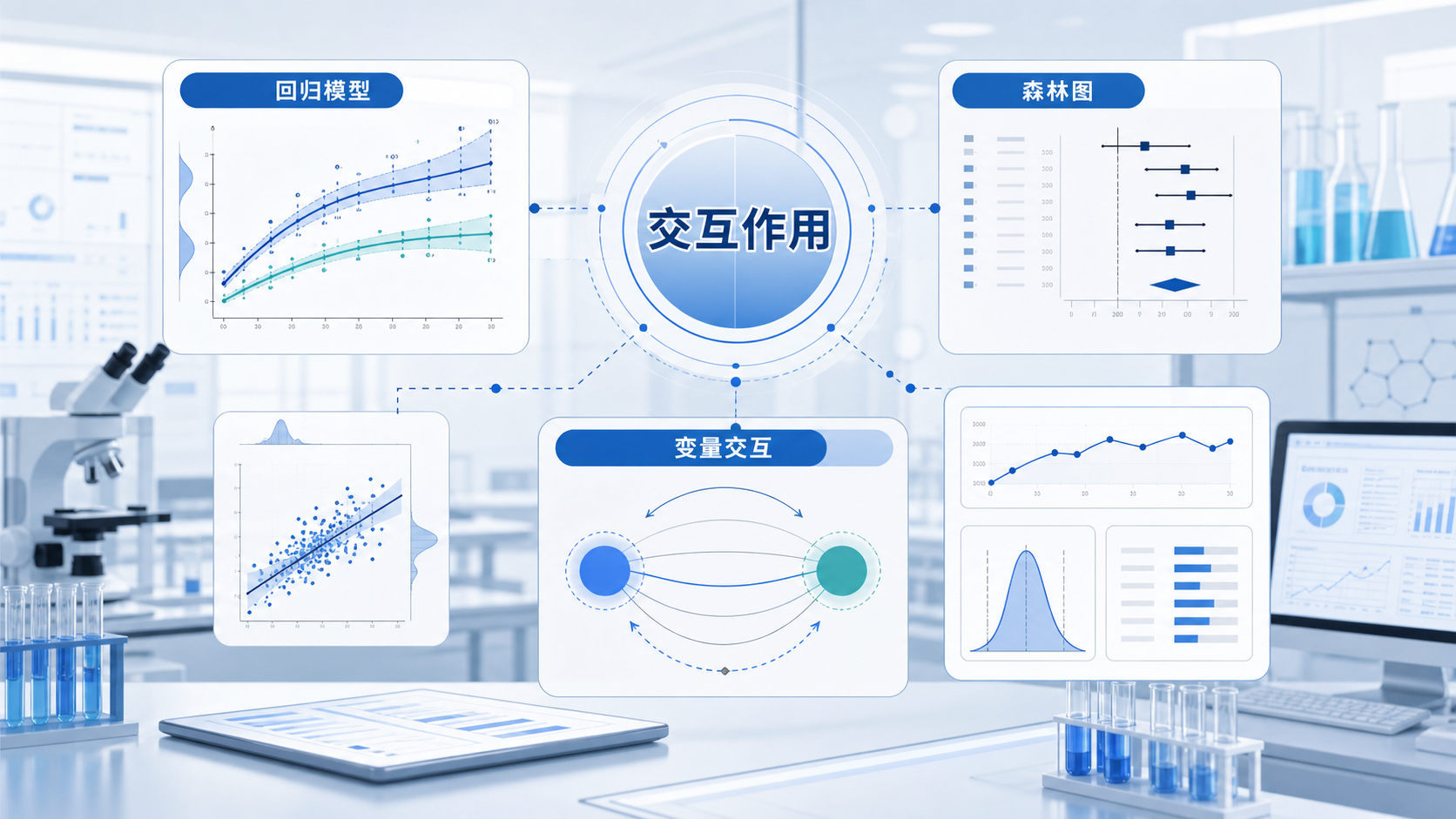 一张医学科研数据分析场景图,包含回归模型、森林图、变量交互示意和实验室背景,突出“交互作用”和“机制链条”