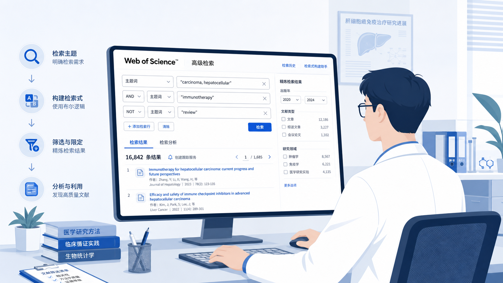 科研人员在电脑前使用Web of Science进行高级检索,屏幕上显示主题词、布尔逻辑和筛选结果界面