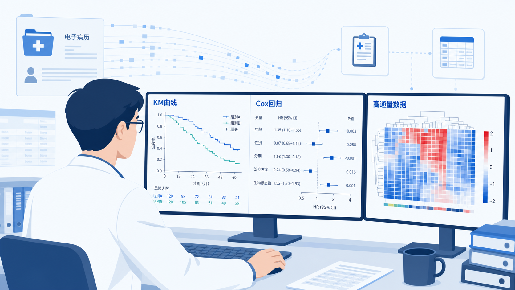 临床研究者在电脑前分析KM曲线、Cox回归结果和高通量数据矩阵的科研场景，背景包含医院病历、数据库和统计图表