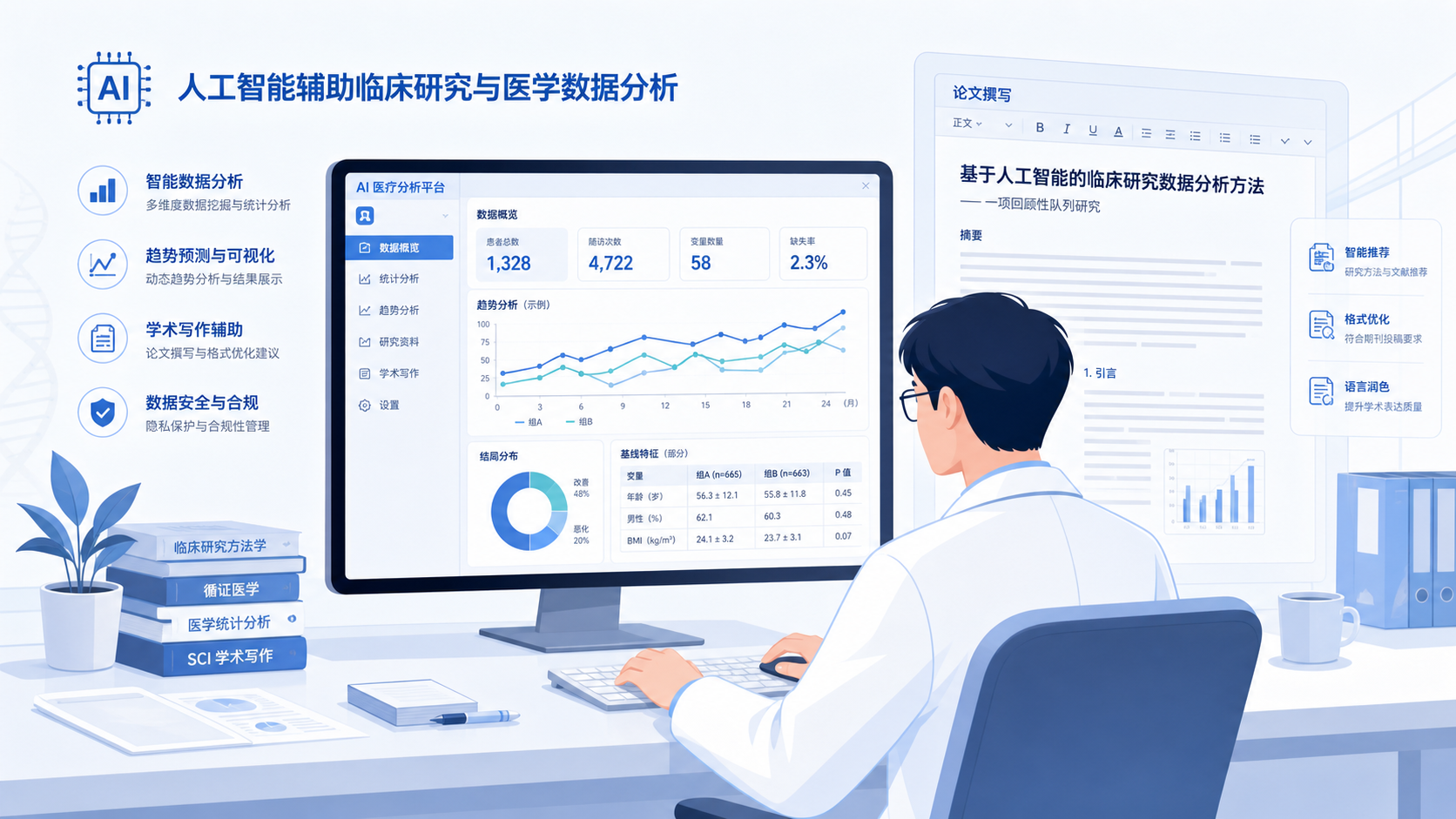 临床医生在电脑前处理病历数据,旁边显示AI分析界面、统计图和SCI论文草稿