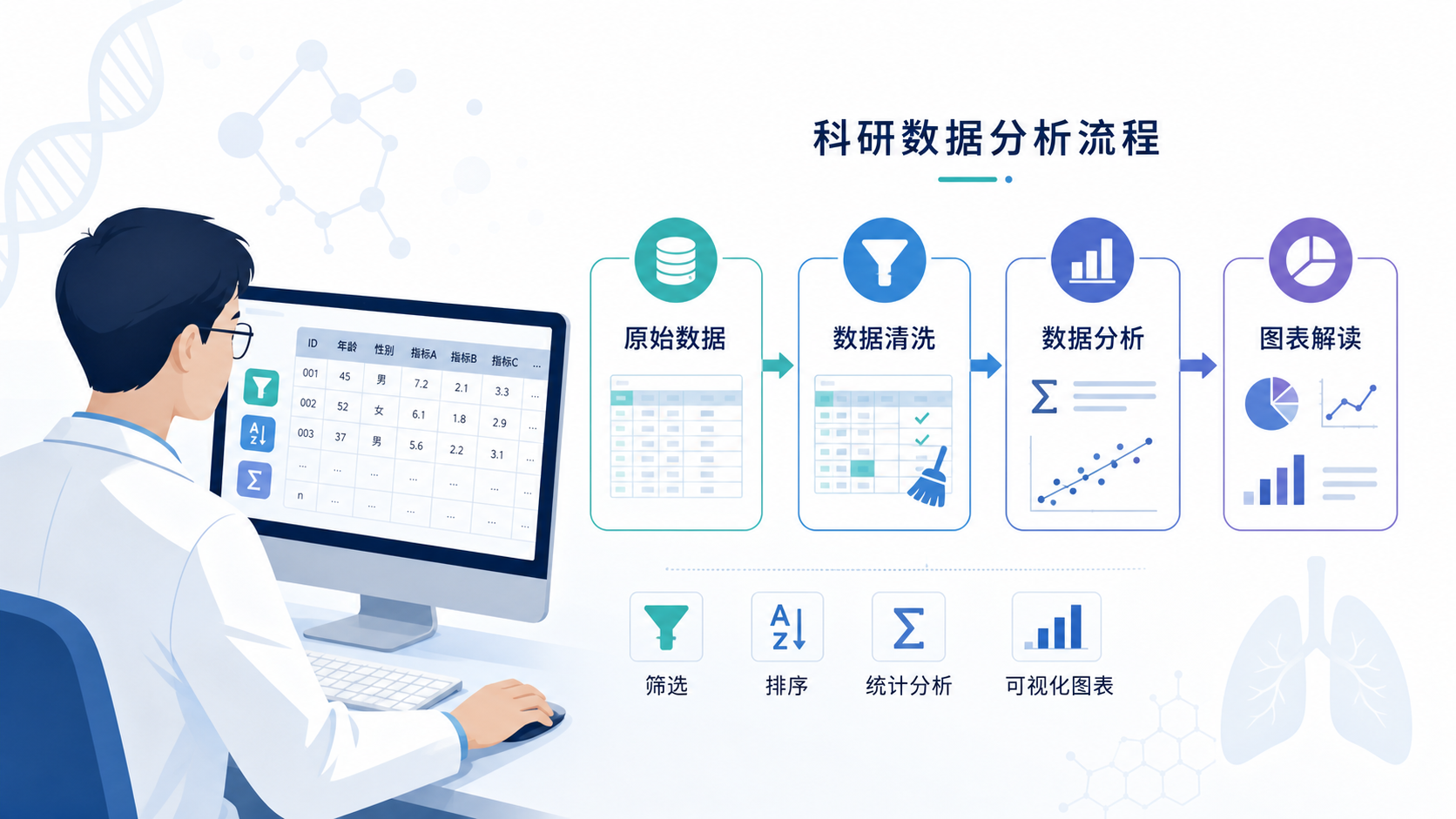 科研人员在电脑前处理二维数据表，旁边展示流程图，包含原始数据、清洗、分析、图表解读三个环节。