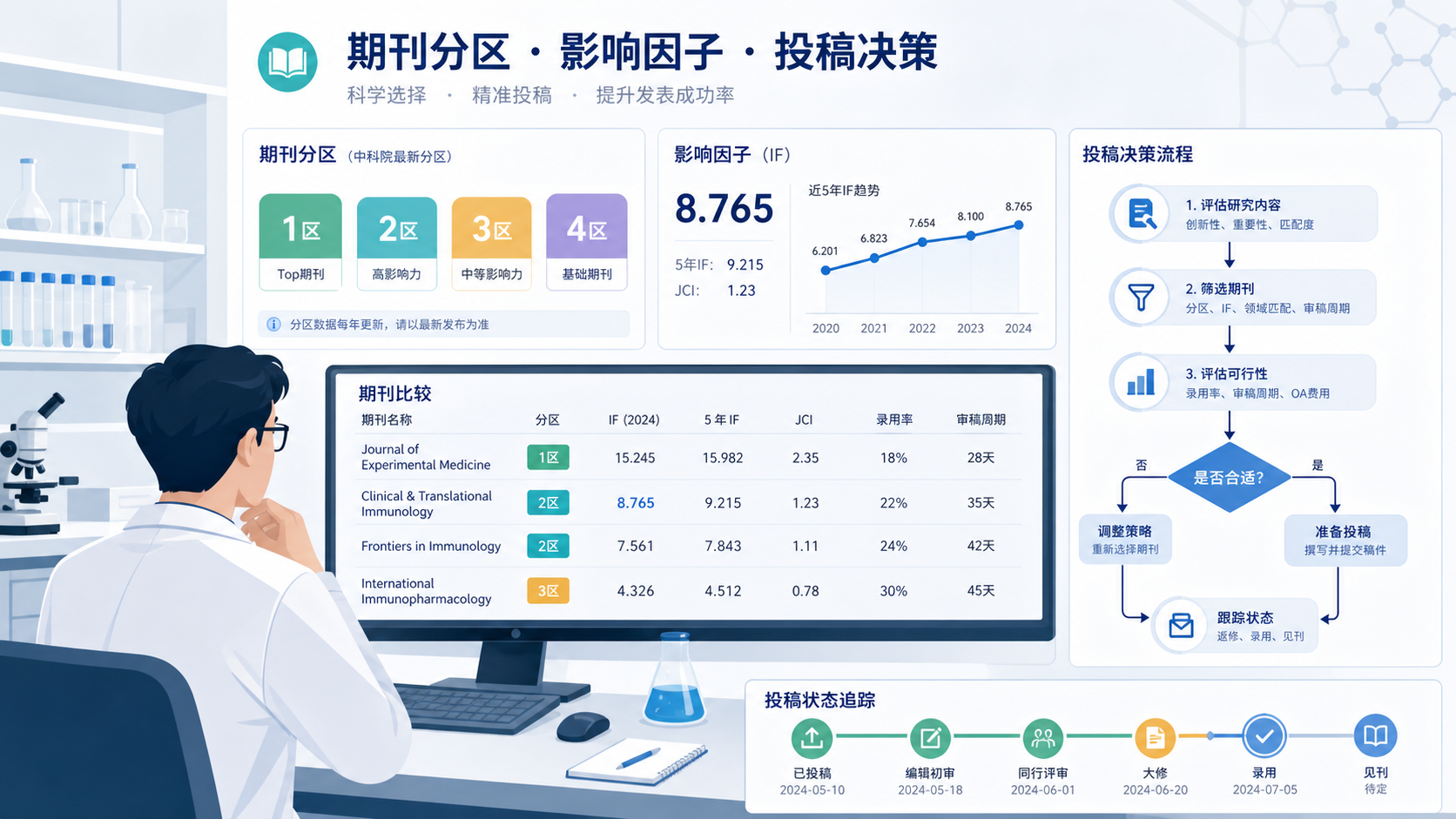 一张生物医学科研工作场景图,包含期刊分区、影响因子、投稿决策等元素的简洁信息图