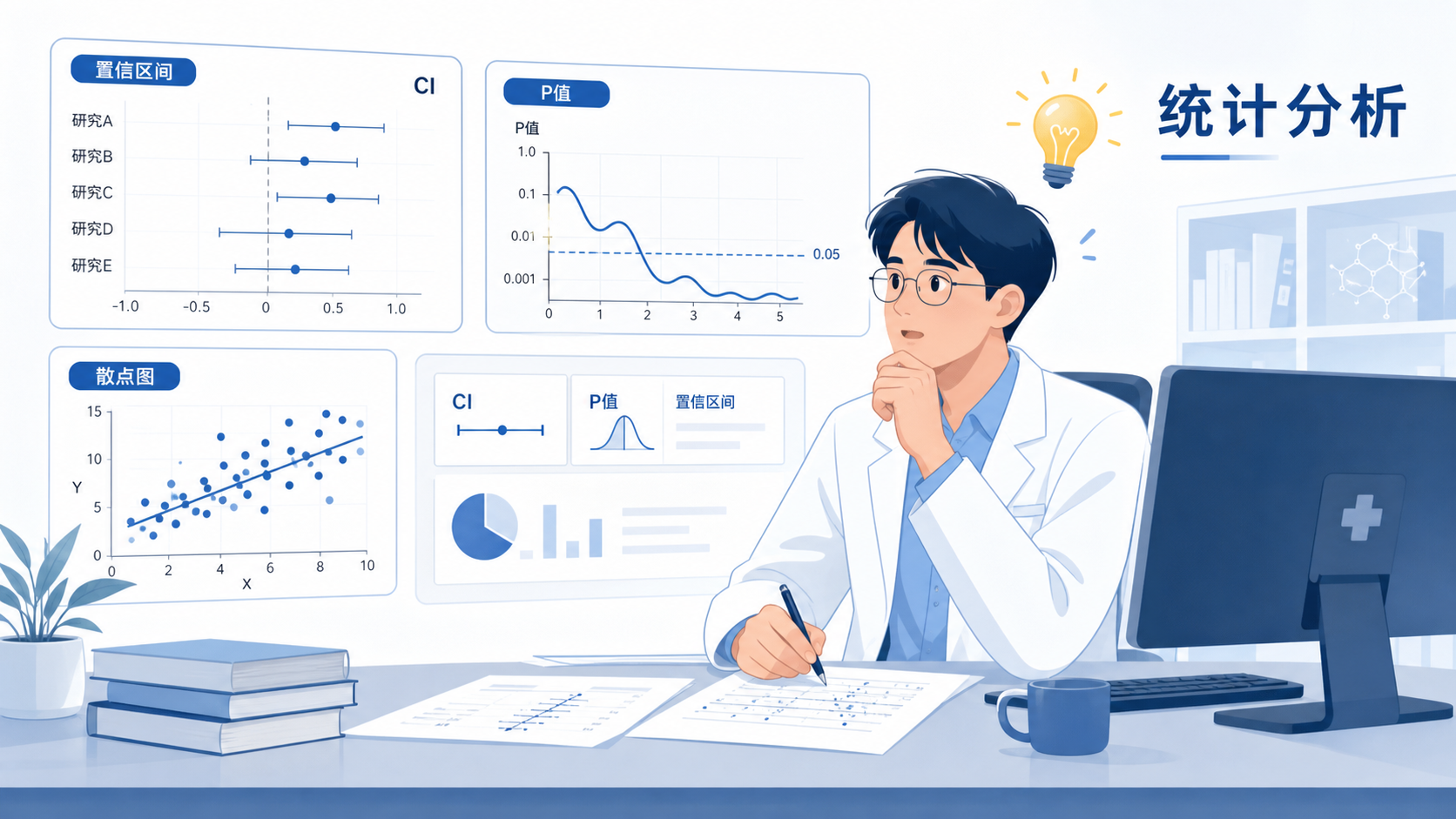 医学论文统计分析场景,研究者盯着置信区间和P值图表,表情从困惑到恍然大悟