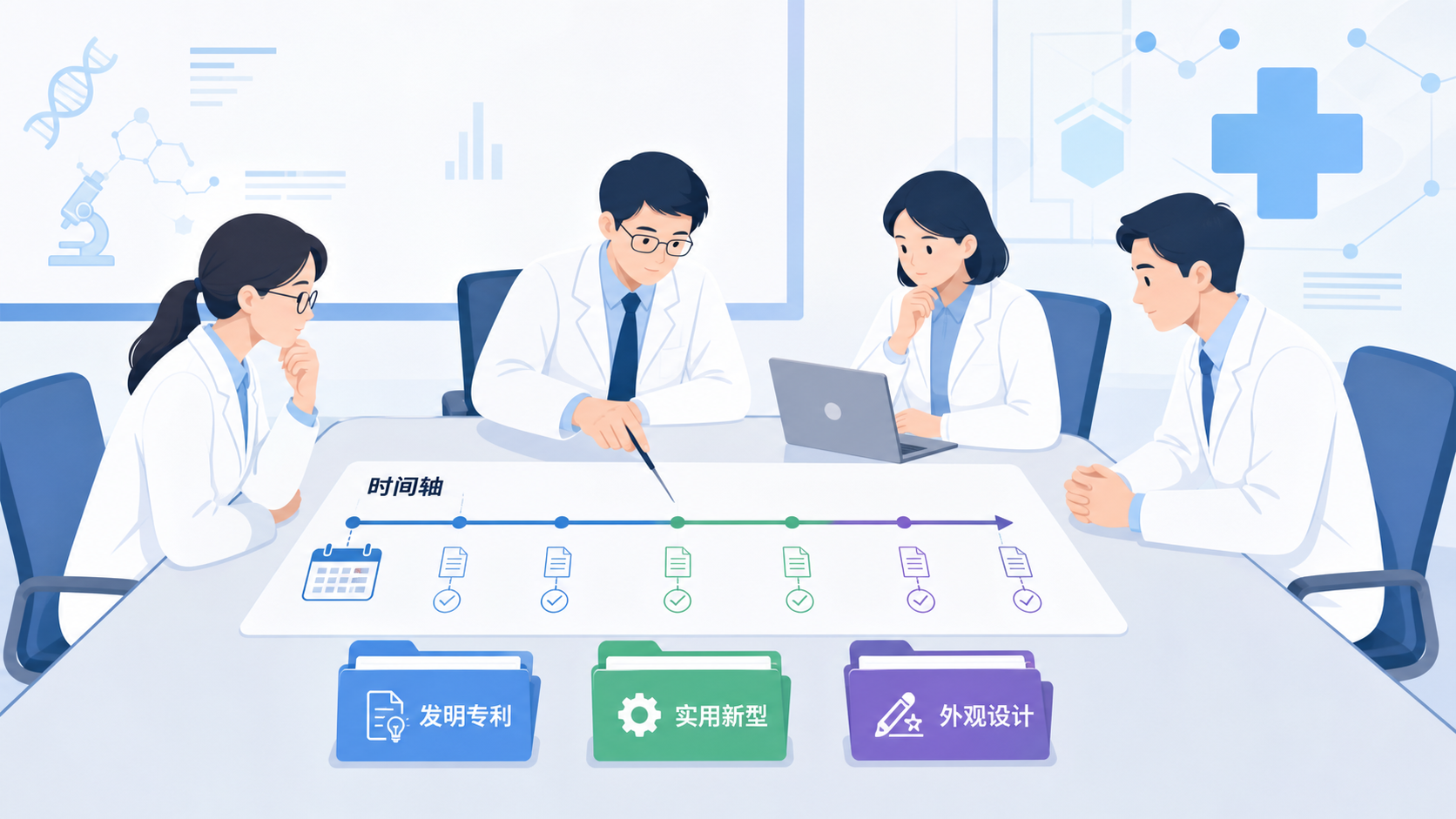 医学科研人员在会议桌前查看专利时间轴,旁边有发明专利、实用新型、外观设计三种文件夹与日历图标