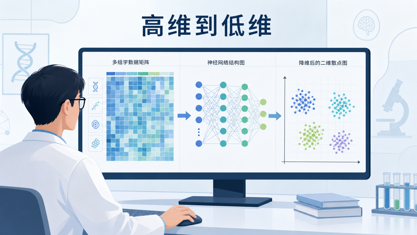科研人员在电脑前查看多组学数据矩阵、神经网络结构图和降维后的二维散点图对比,突出“高维到低维”的变化。