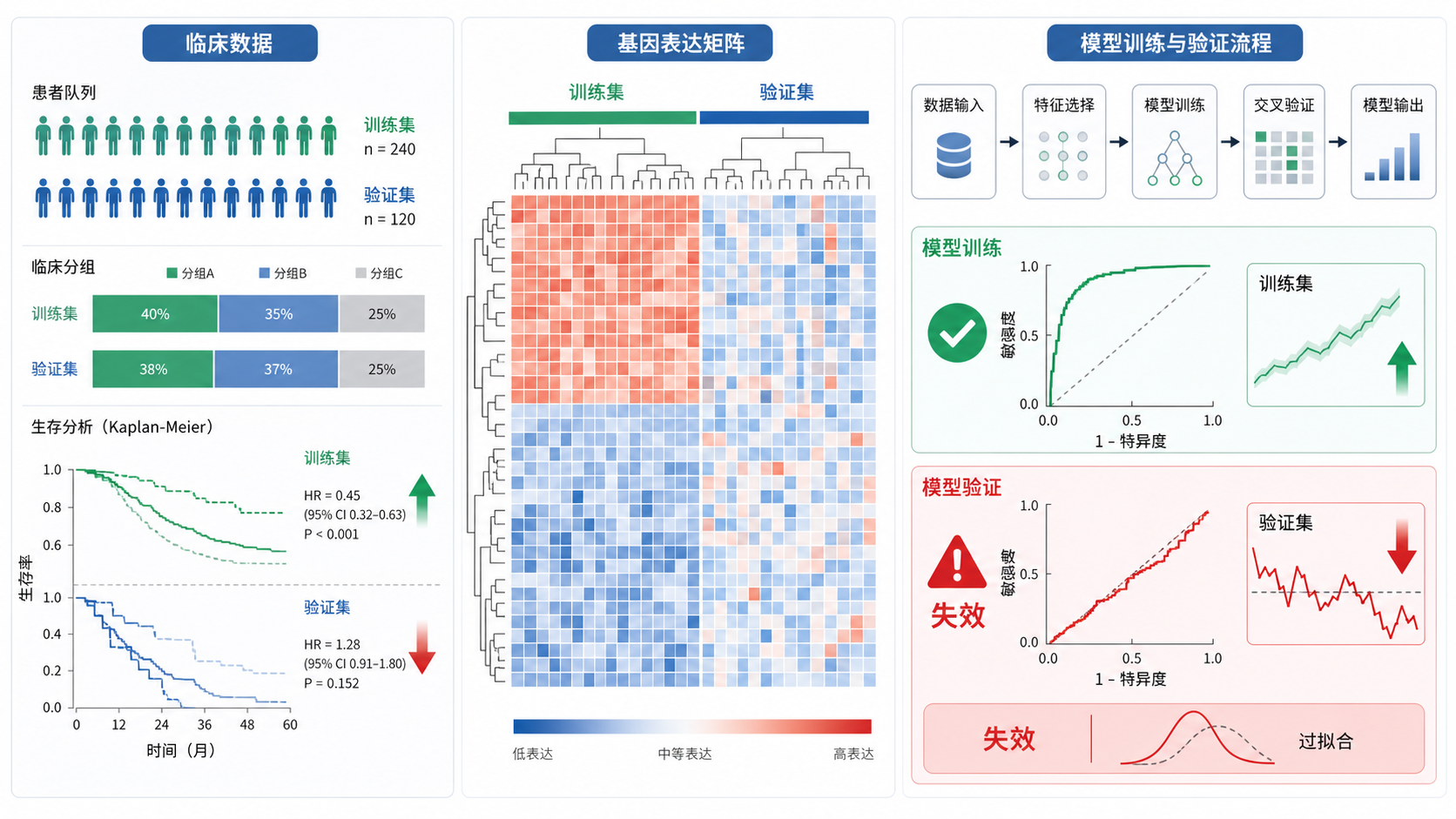 临床数据、基因表达矩阵、模型训练与验证流程图并列展示,突出“训练集好看,验证集失效”的对比场景