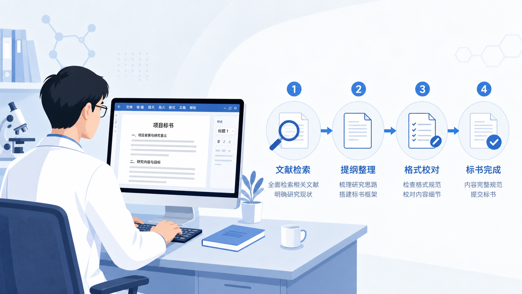 科研人员在电脑前处理标书，旁边有文献检索、提纲、格式校对等工作流示意图