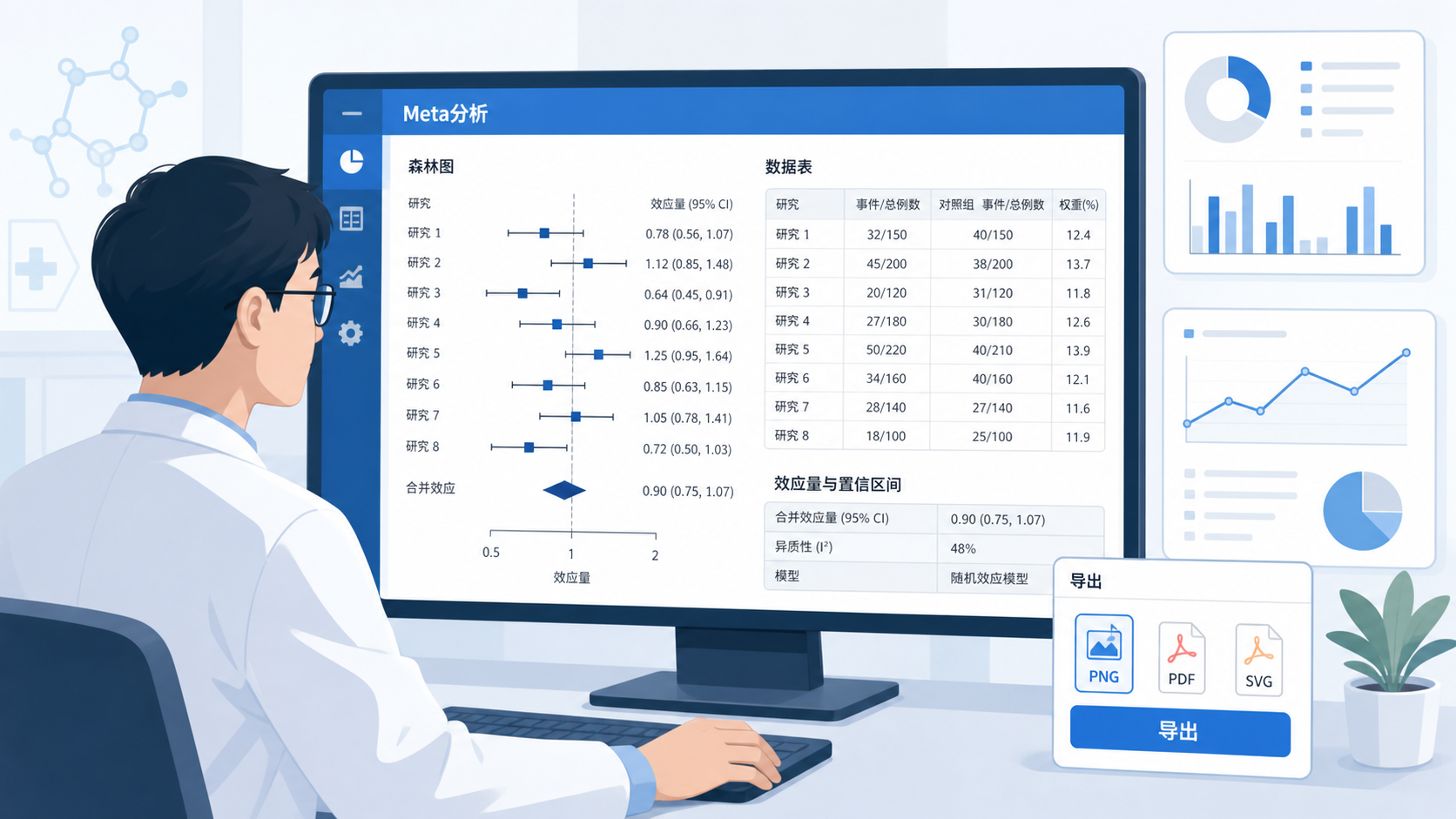 一位科研人员在电脑前操作统计软件，旁边展示Meta分析森林图、数据表格和图形导出界面，突出“数据导入到图表输出”的完整流程。