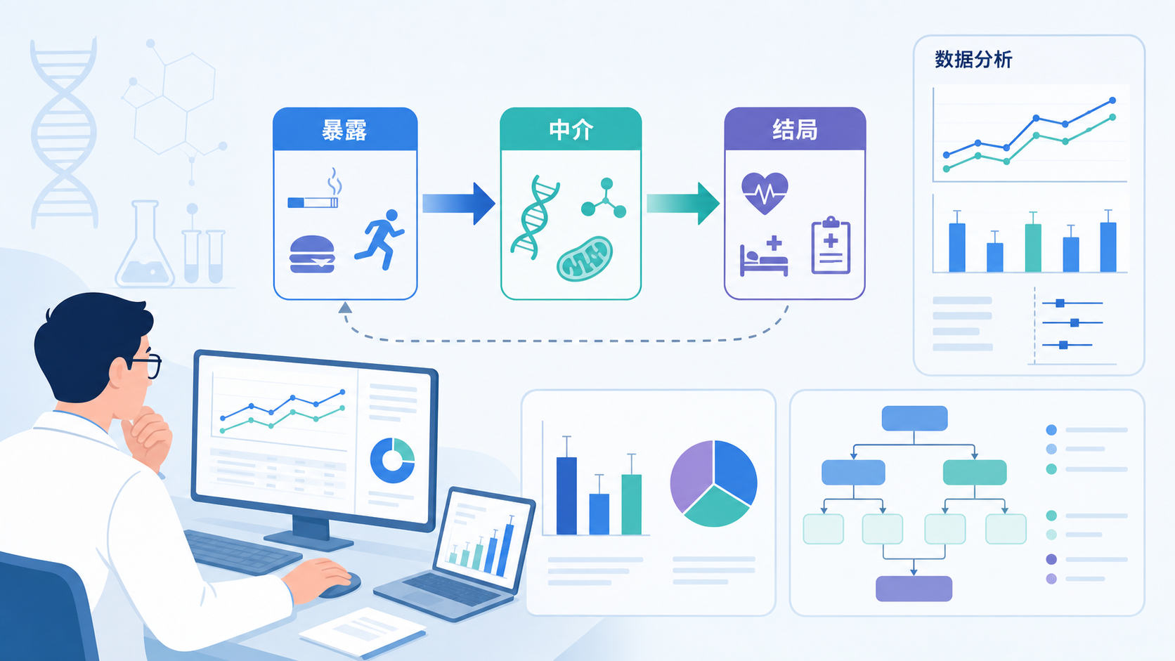 一张展示“暴露-中介-结局”三段式因果路径的医学示意图，配合临床研究场景，如医生在看数据图表