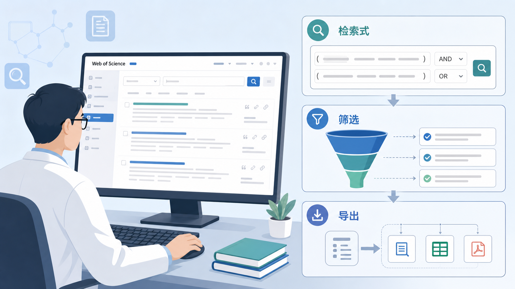 科研人员在电脑前使用Web of Science进行检索,旁边展示检索式、筛选漏斗和文献导出流程的示意图