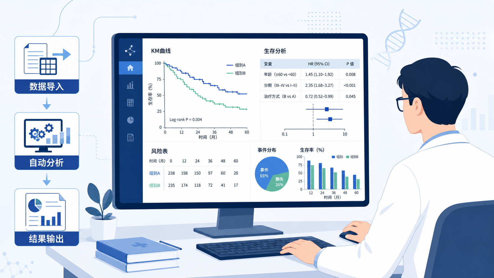 一位研究人员在电脑前处理临床数据，屏幕上展示KM曲线和生存分析结果，强调“数据导入-自动分析-出图”的工作流。