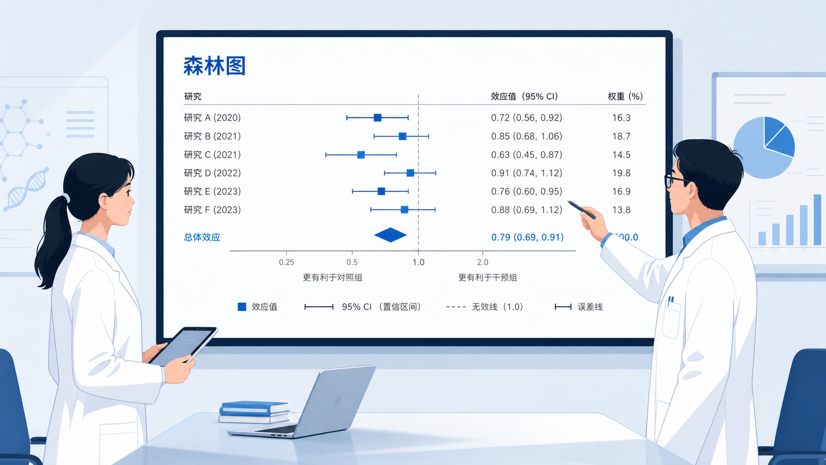 医学统计分析场景,屏幕上显示森林图、误差线和置信区间,旁边有研究者在讨论数据结果。