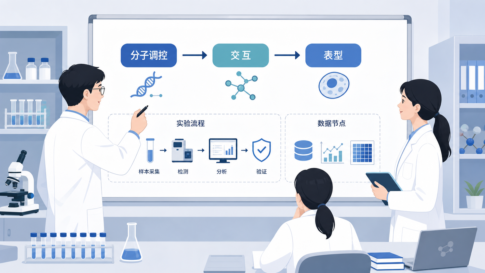 科研人员在白板前梳理“分子调控-交互-表型”机制链的示意图，旁边标注实验流程和数据节点