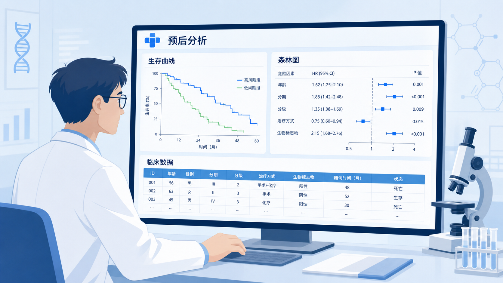科研人员在电脑前查看生存曲线、森林图和临床数据表，体现预后分析场景