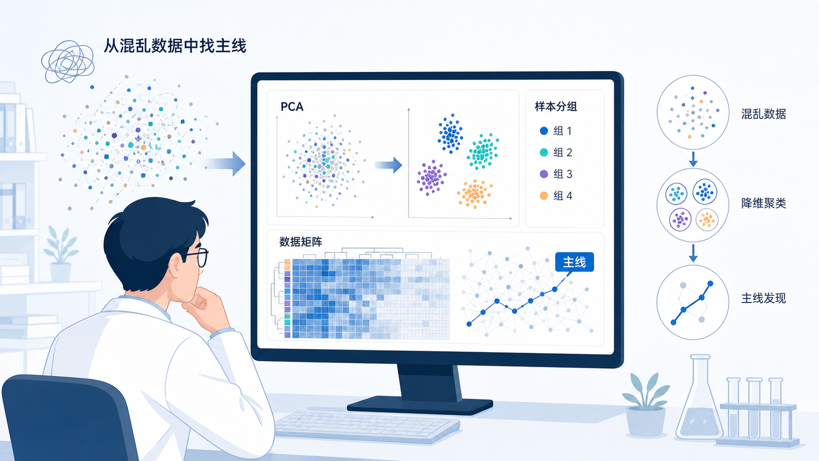 科研人员在电脑前查看PCA散点图、样本分组和高维数据矩阵的示意图，突出“从混乱数据中找主线”的概念