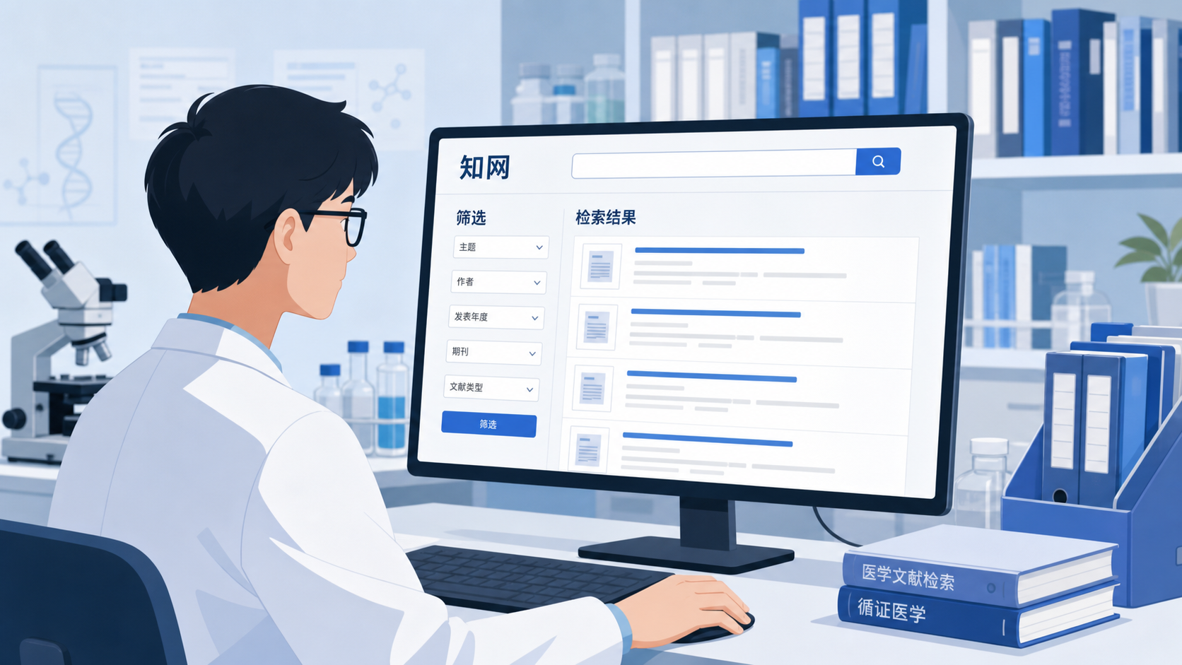 一位医学生在电脑前检索医学文献，屏幕上显示知网搜索框、筛选条件和多篇检索结果，背景为书架与实验室元素。