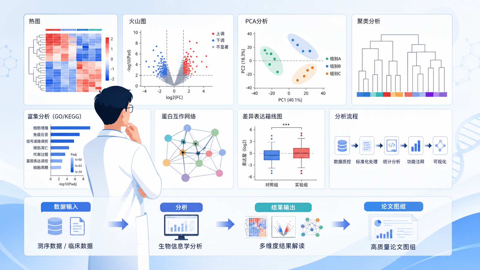 科研人员面对多张生信分析图组,旁边有流程箭头连接“数据输入-分析-结果输出-论文图组”,画面突出“看懂图比会做图更重要”