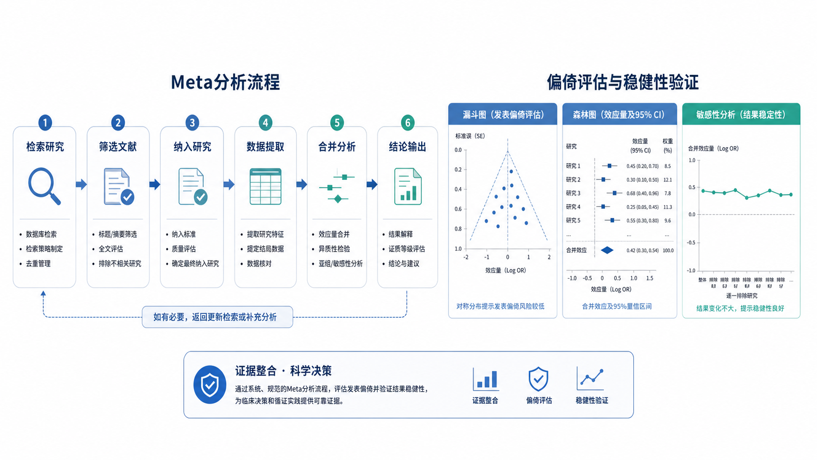 一张meta分析流程图,右侧并列显示漏斗图、森林图和敏感性分析曲线,突出“偏倚评估与稳健性验证”