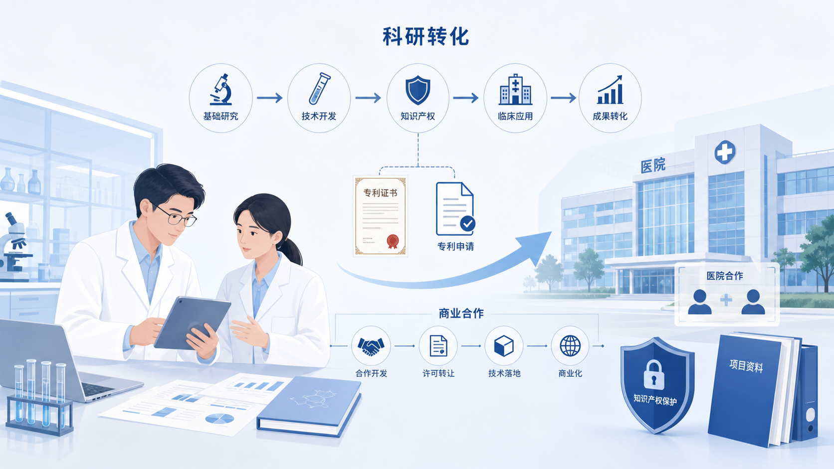 实验室科研人员与知识产权文件、专利证书、医院场景结合的商务转化示意图