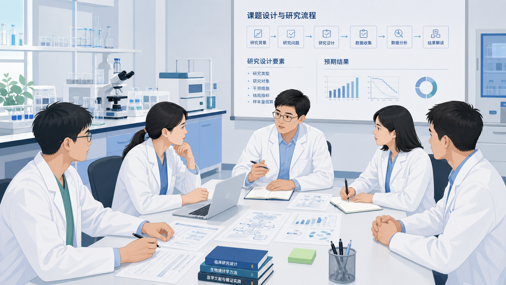 医学生和科研人员围坐讨论课题设计，桌面有文献、流程图和实验数据图表，背景呈现实验室场景