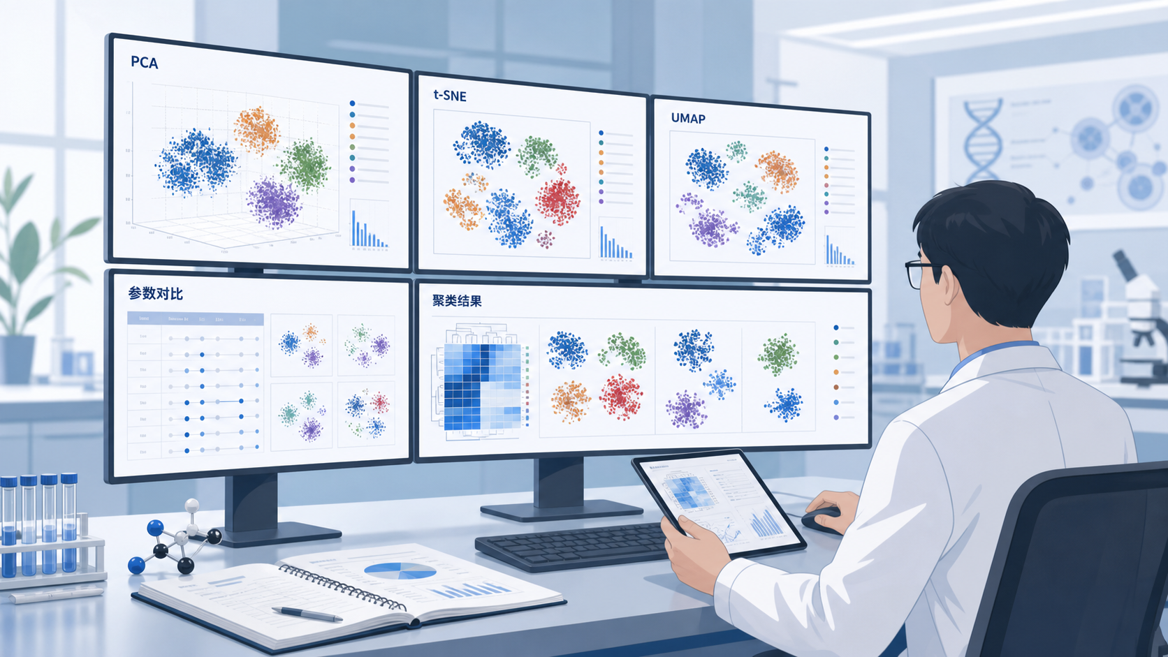 生信分析工作台场景,屏幕展示PCA、t-SNE、UMAP等降维图,旁边有研究者在对比算法参数与结果。