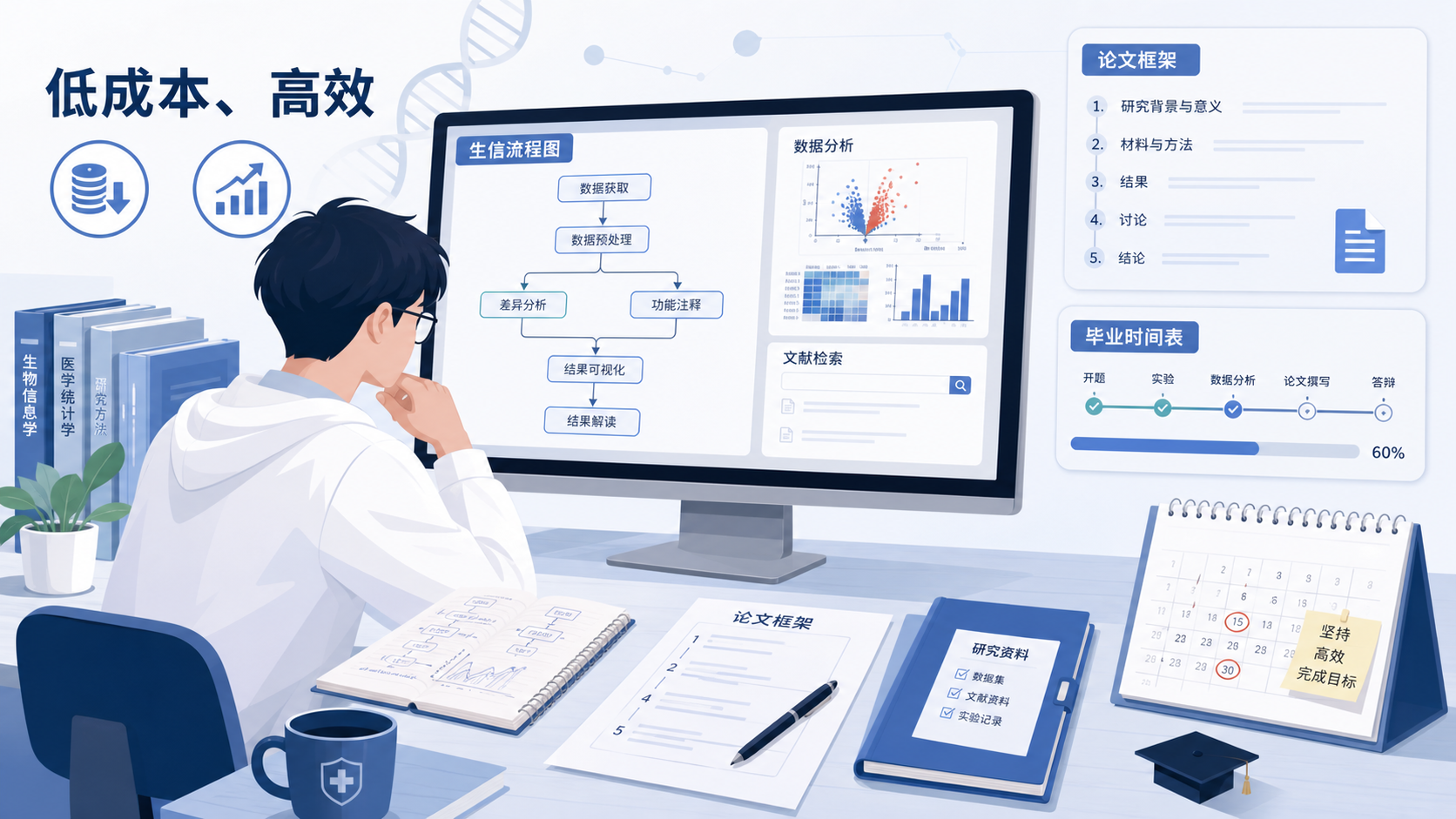一位医学生在电脑前查看生信流程图、文献和数据集，旁边放着论文框架与毕业时间表，强调“低成本、高效率、可毕业”的科研路径。