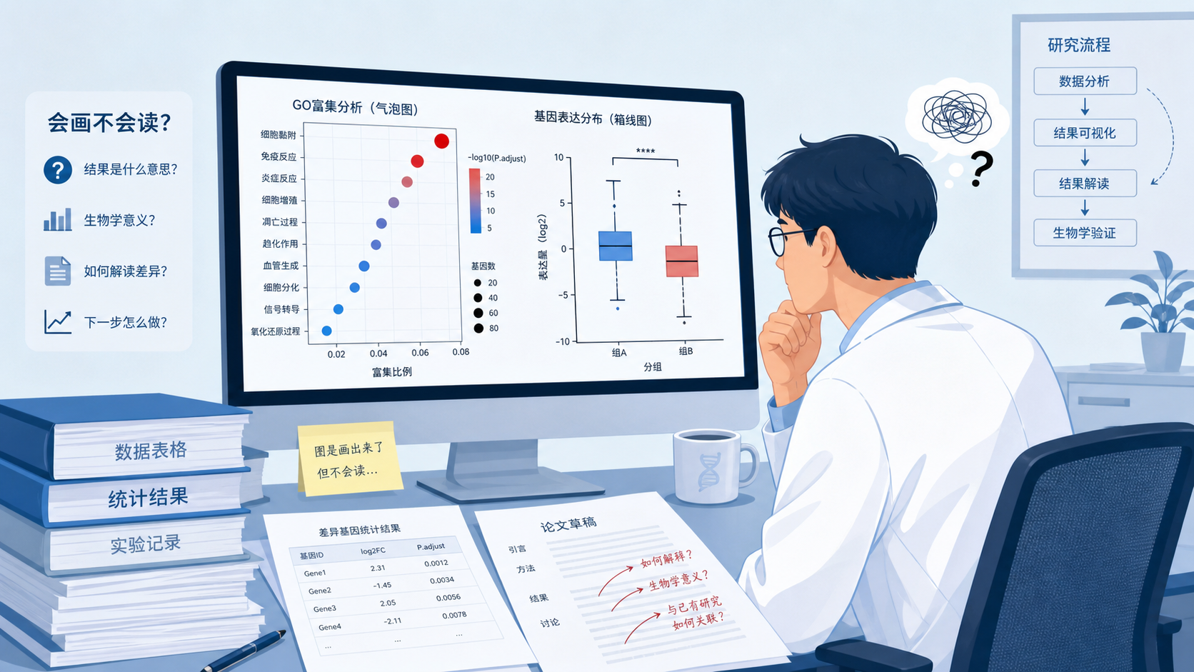 科研人员在电脑前查看GO气泡图和箱线图，旁边有数据表和论文草稿，突出“会画不会读”的痛点