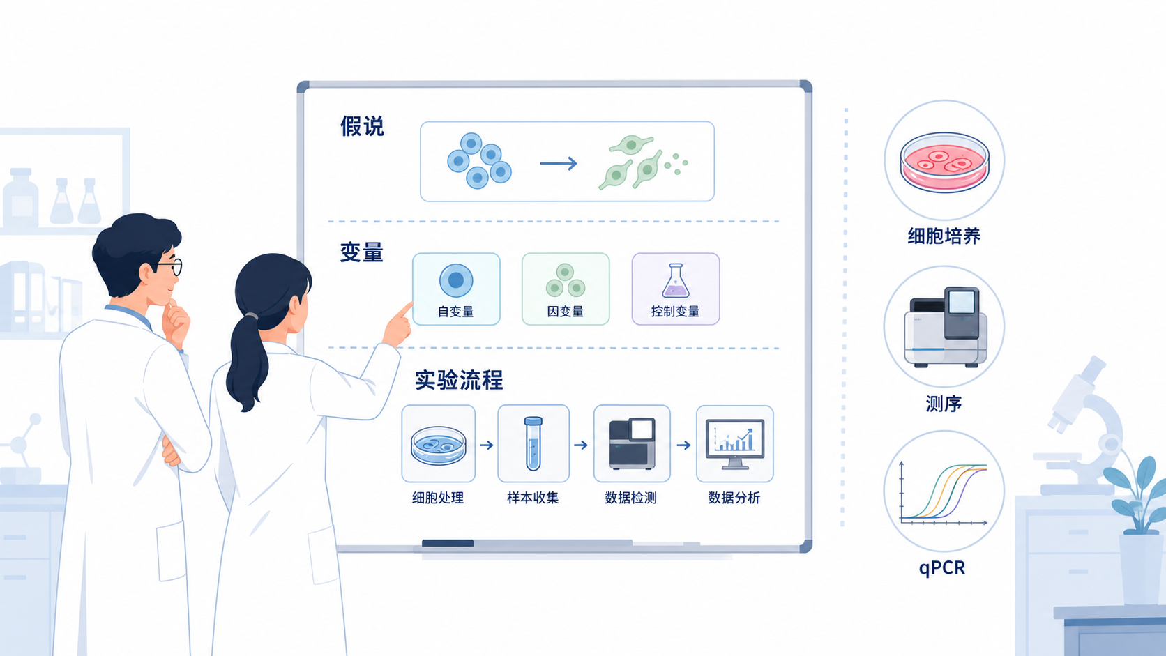 科研人员在白板前梳理假说、变量和实验流程图,旁边有细胞培养、测序和qPCR图标。