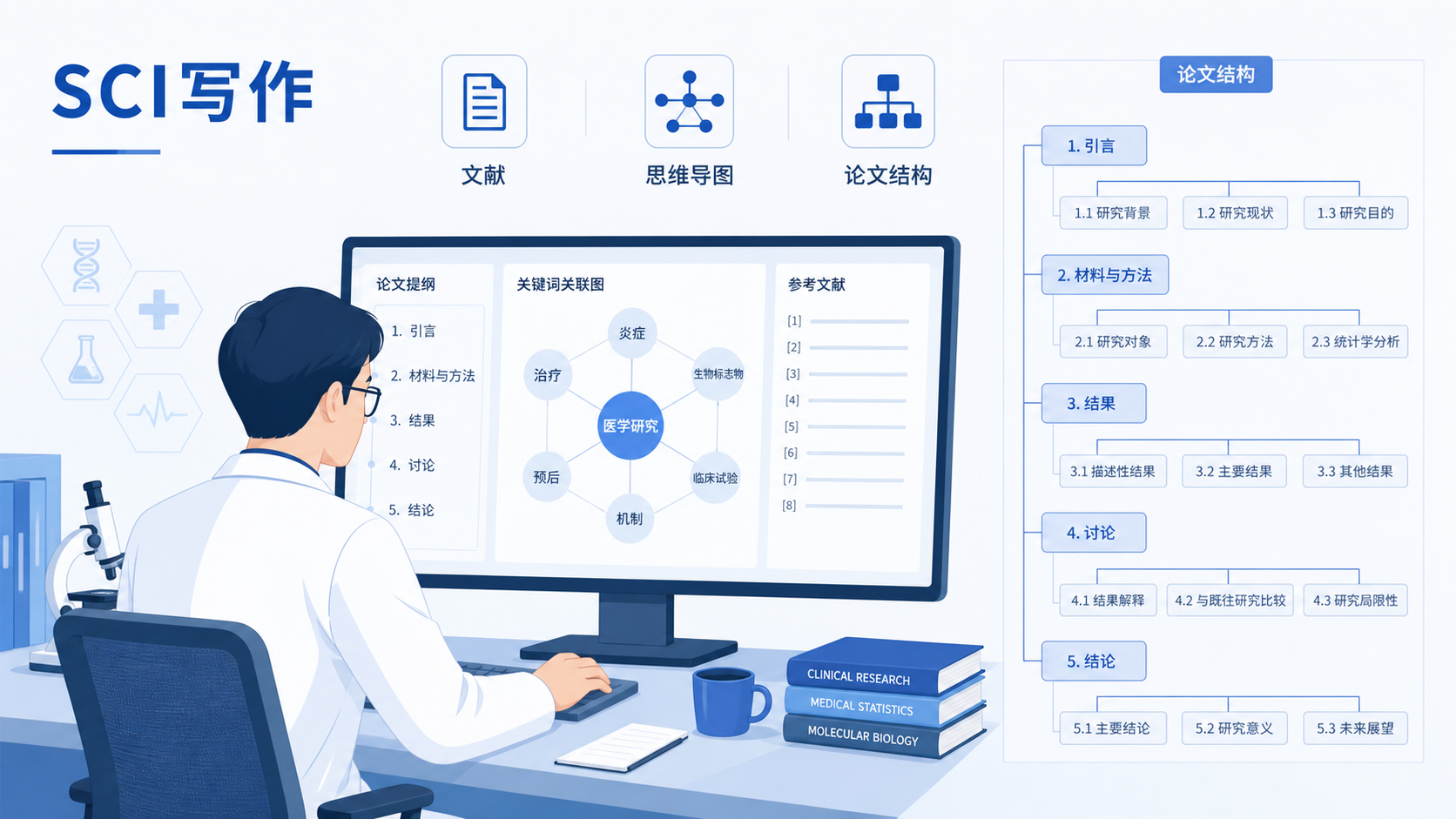 科研人员在电脑前查看文献与思维导图,背景为论文结构树状框架,突出“逻辑梳理”和“SCI写作”场景