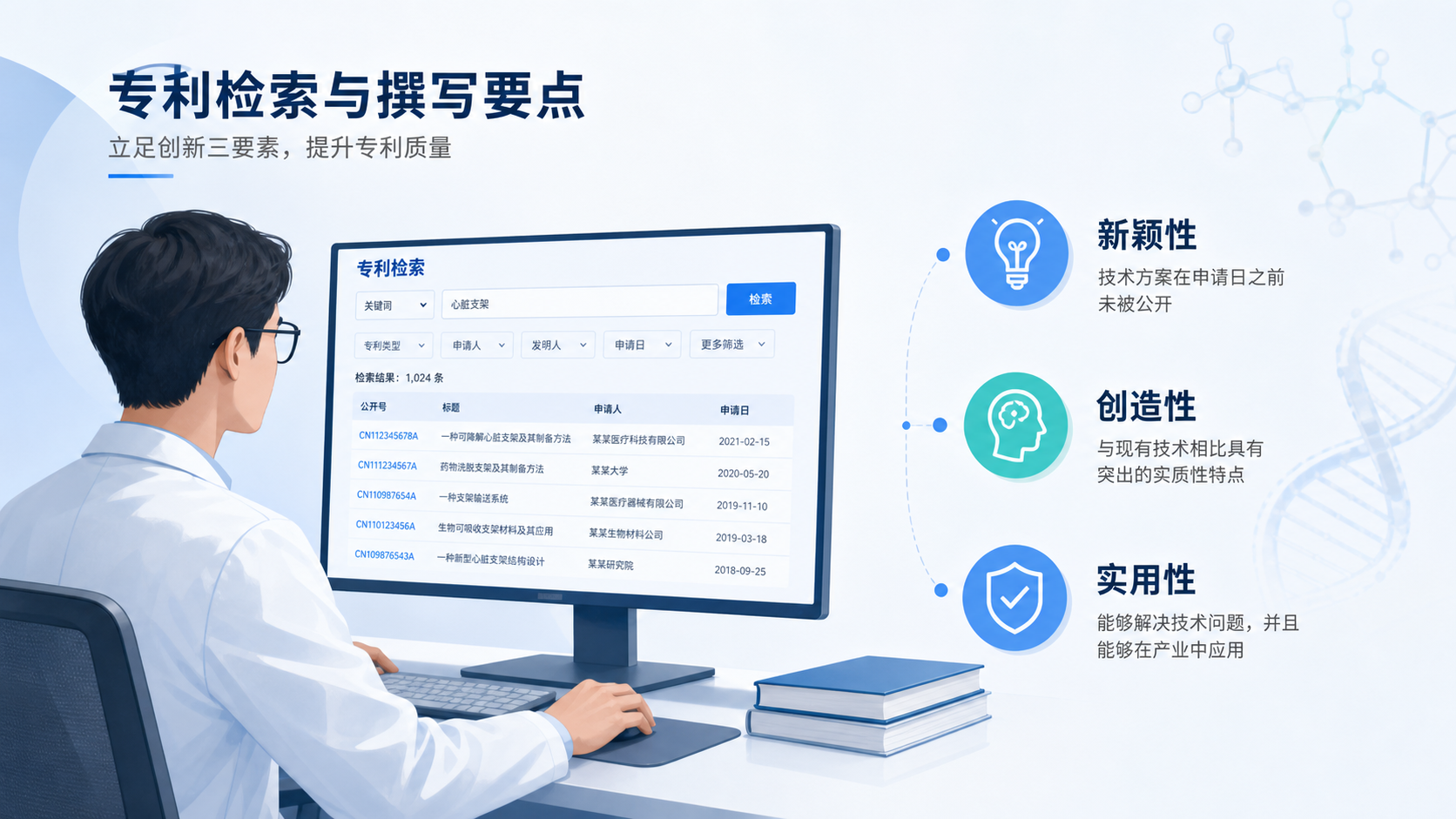 一位科研人员在电脑前检索专利数据库，旁边叠加“新颖性、创造性、实用性”三个关键词，突出专利撰写的核心难点。