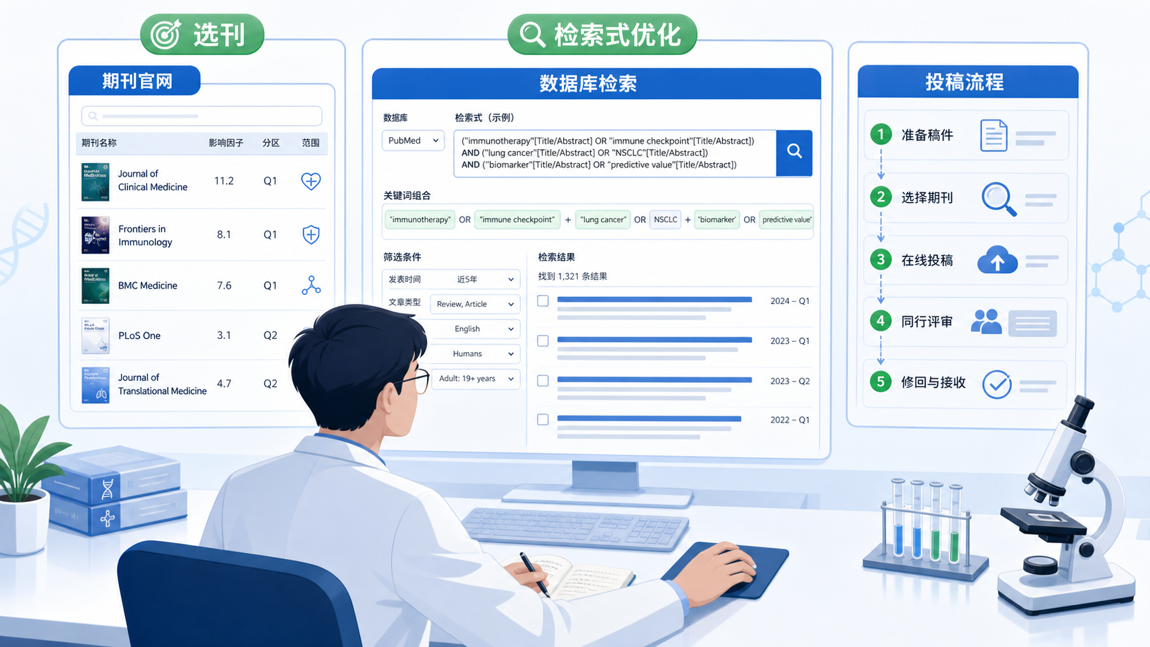 科研人员在电脑前对照期刊官网、数据库检索结果和投稿流程图,画面突出“选刊”和“检索式优化”两个核心场景