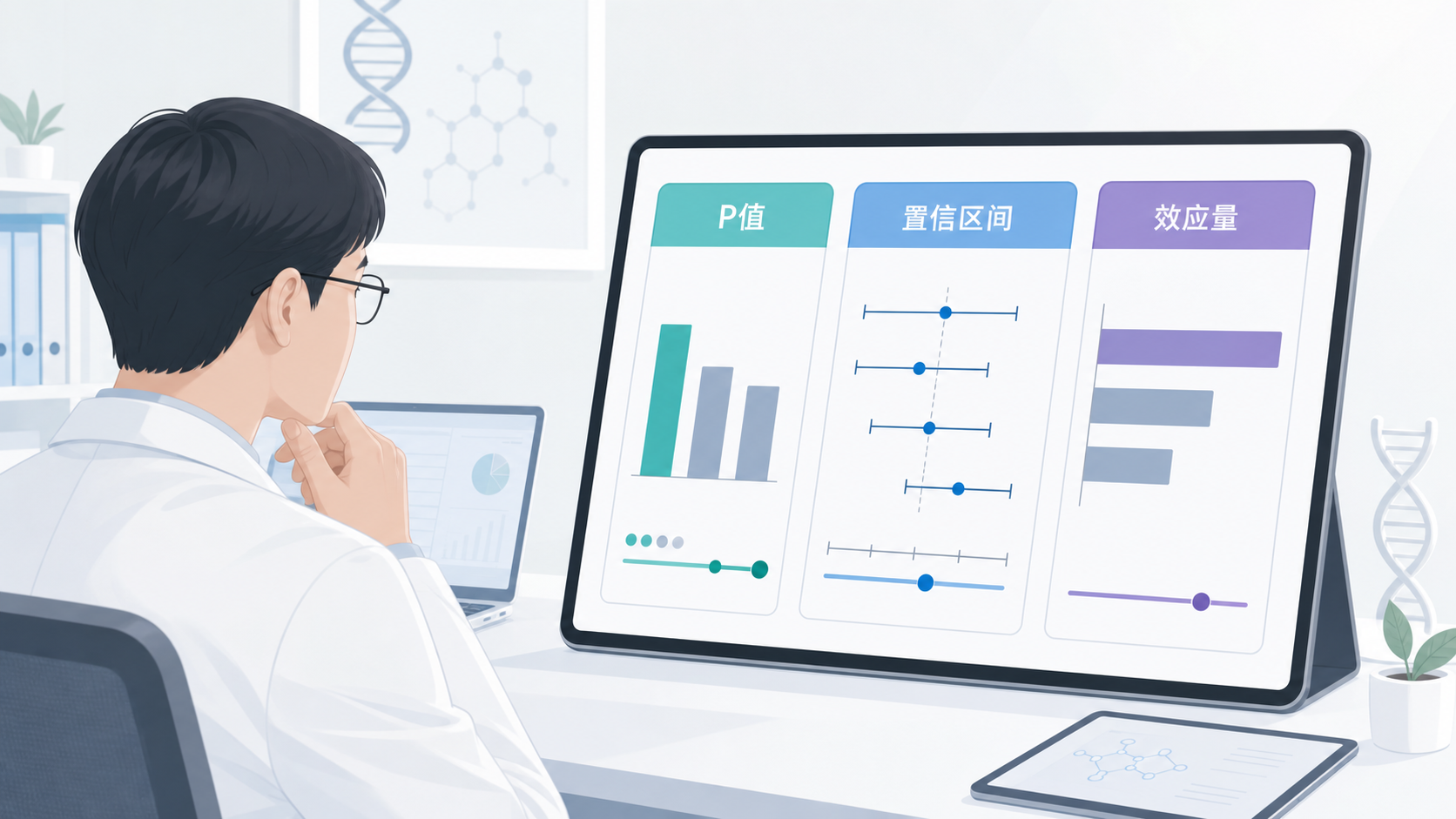 临床研究场景图,研究者在查看论文结果页,突出P值、置信区间和效应量三个指标的对比,风格专业简洁。