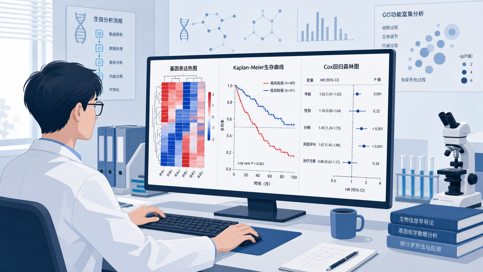 生物信息学研究场景，研究者在电脑前分析基因表达热图、Kaplan-Meier曲线和Cox回归森林图，突出“预后基因筛选”主题