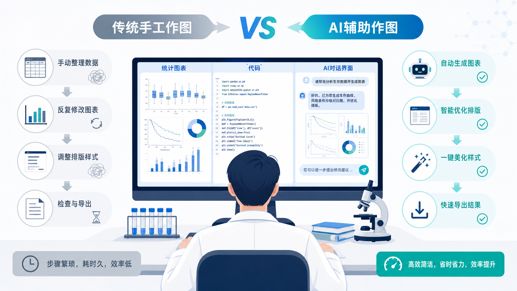 科研人员在电脑前同时查看统计图表、代码窗口和AI对话界面,突出传统手工作图与AI辅助作图的对比